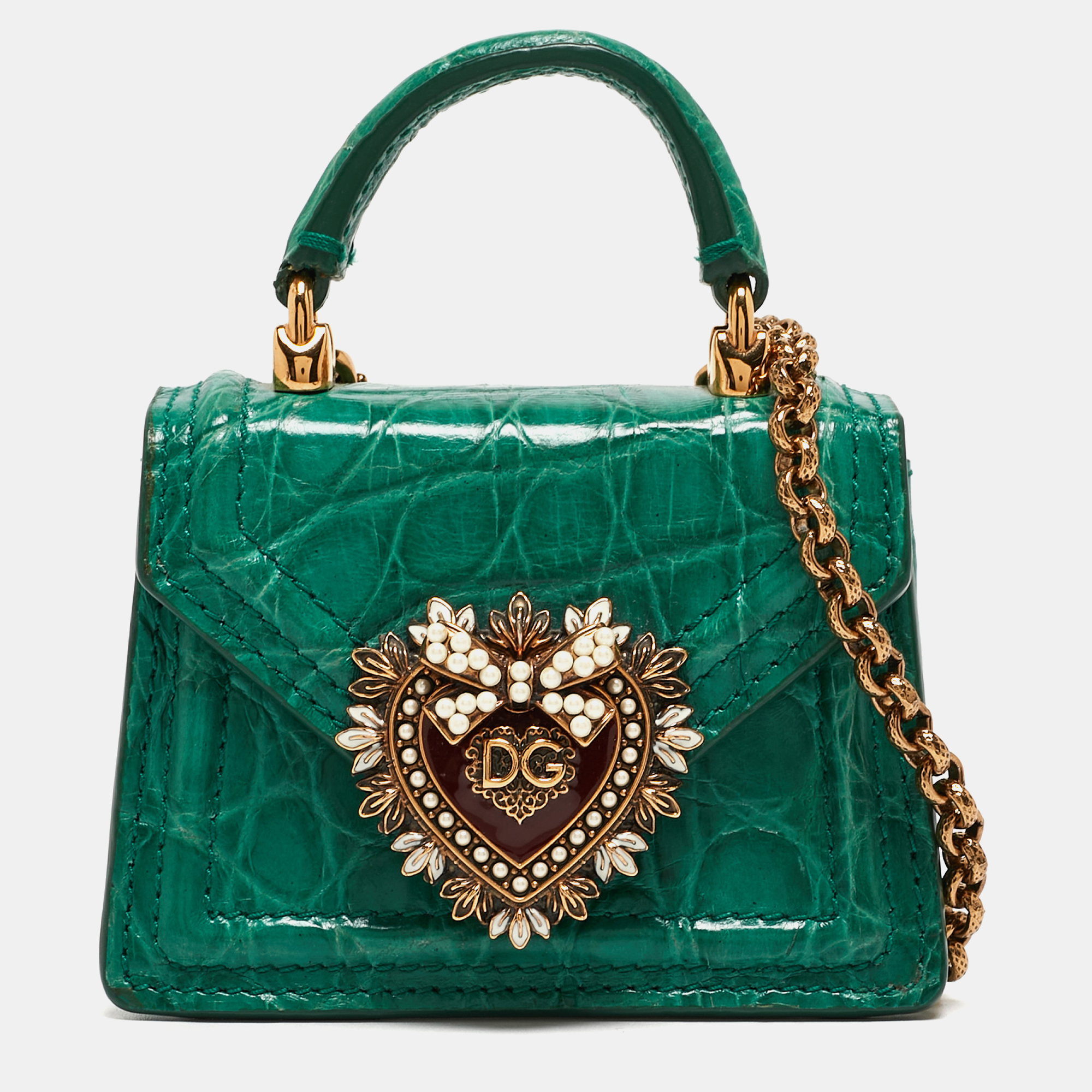 Pre-owned Dolce & Gabbana Green Crocodile Micro Devotion Bag