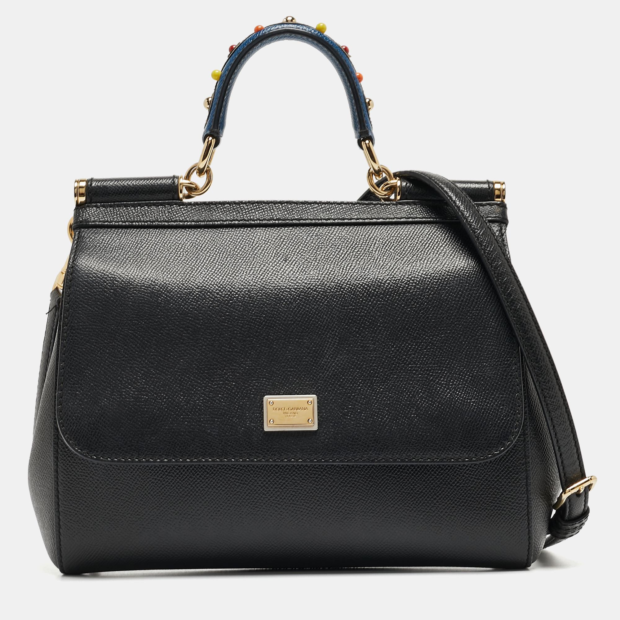 Pre Owned Dolce & Gabbana Black Leather Medium Miss Sicily Top Handle Bag