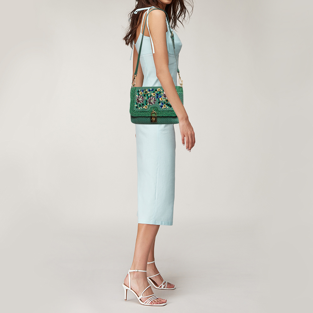 

Dolce & Gabbana Green Raffia and Leather Crystals Embellished Padlock Shoulder Bag