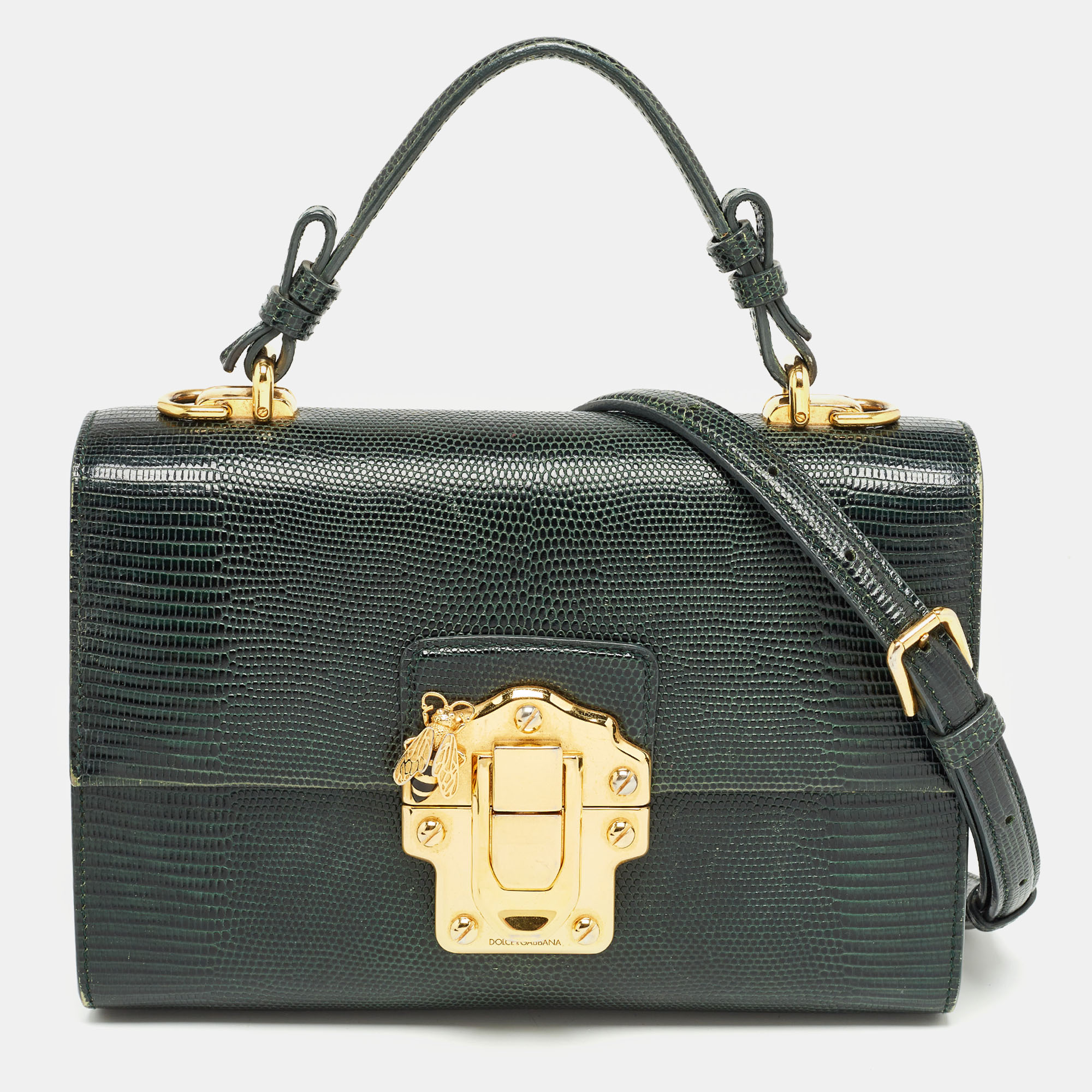 

Dolce & Gabbana Dark Green Lizard Embossed Leather Lucia Top Handle Bag