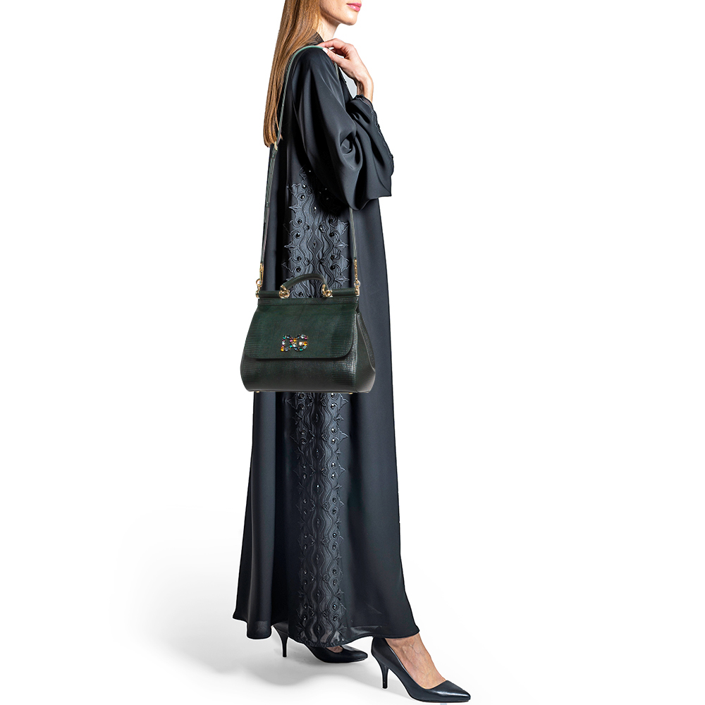 

Dolce & Gabbana Green Lizard Embossed Leather Medium Miss Sicily Handle Bag