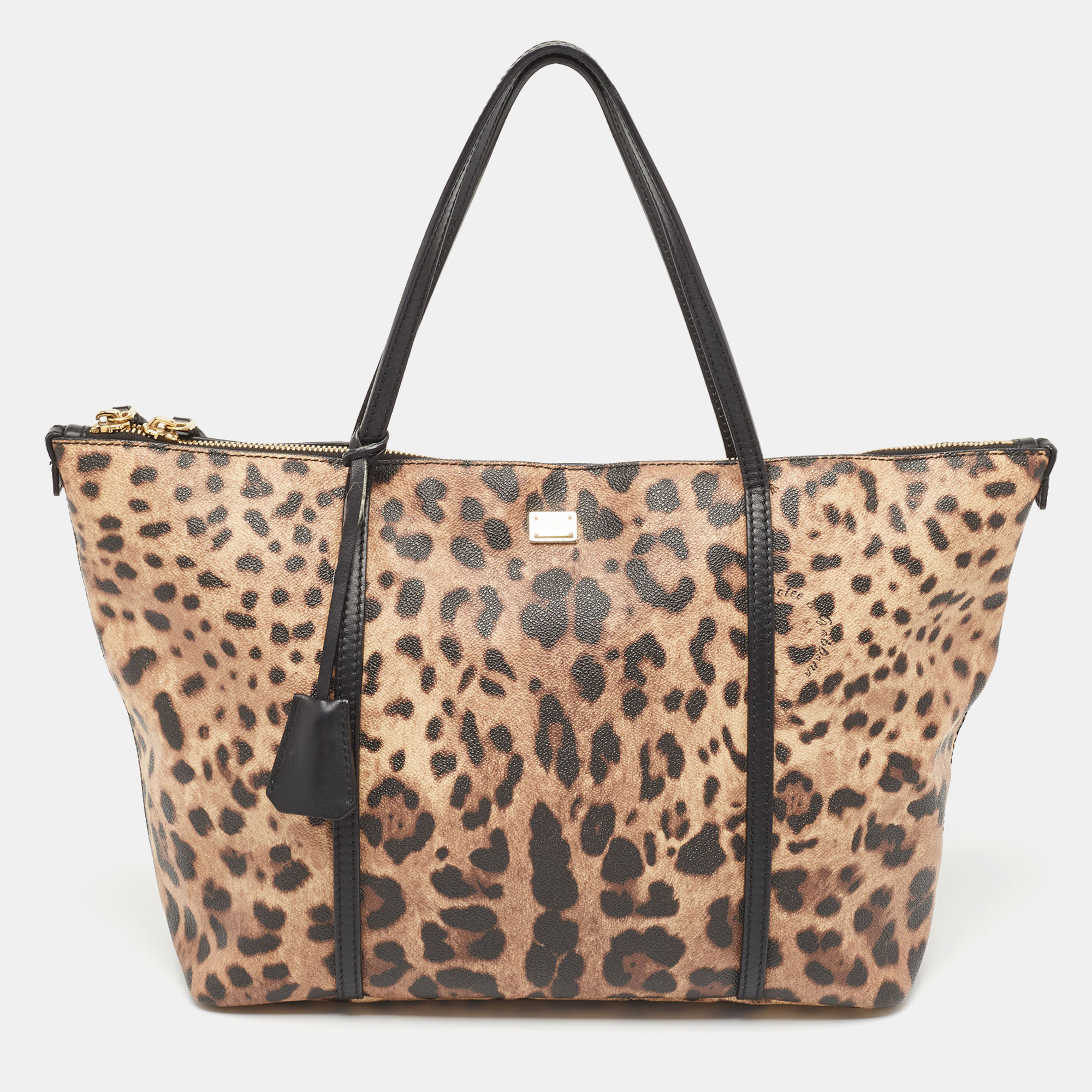

Dolce & Gabbana Beige/Black Leopard Print Coated Canvas and Leather Miss Escape Zip Tote