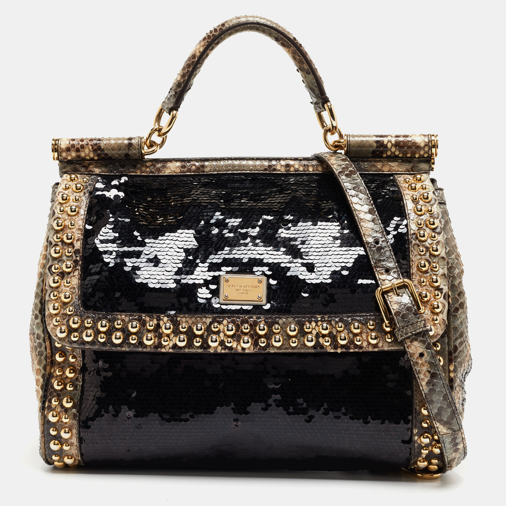 

Dolce & Gabbana Multicolor Leather,Sequins and Python Large Miss Sicily Top Handle Bag