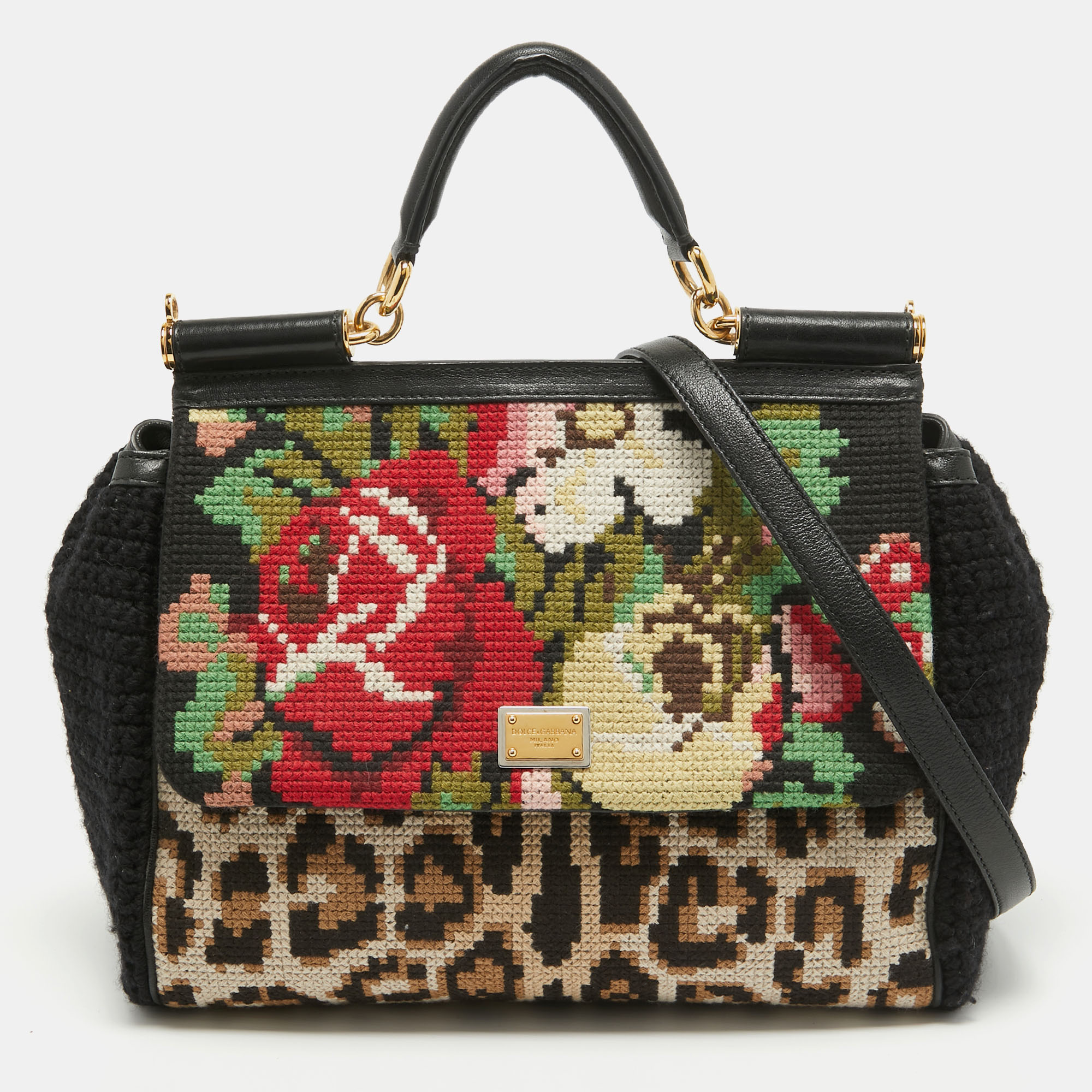 Pre-owned Dolce & Gabbana Multicolor Embroidered Crochet And Leather Large Miss Sicily Top Handle Bag