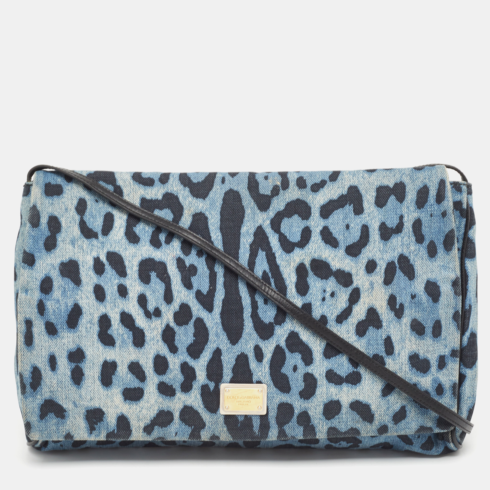 Pre-owned Dolce & Gabbana Blue/black Leopard Print Denim Flap Shoulder Bag