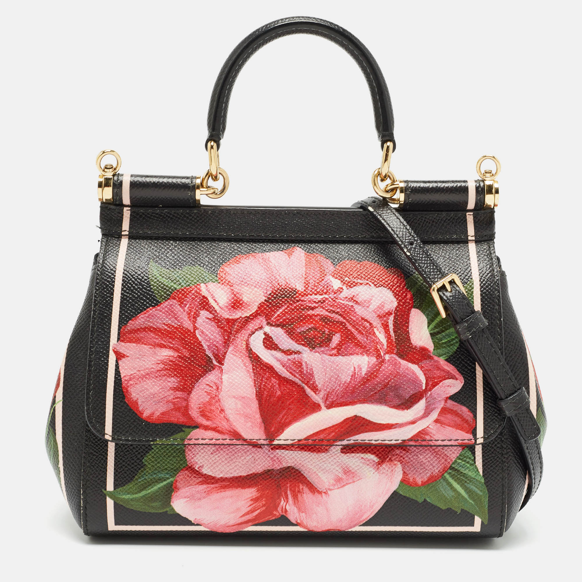 

Dolce & Gabbana Black Leather Small Sicily Rose Top Handle Bag