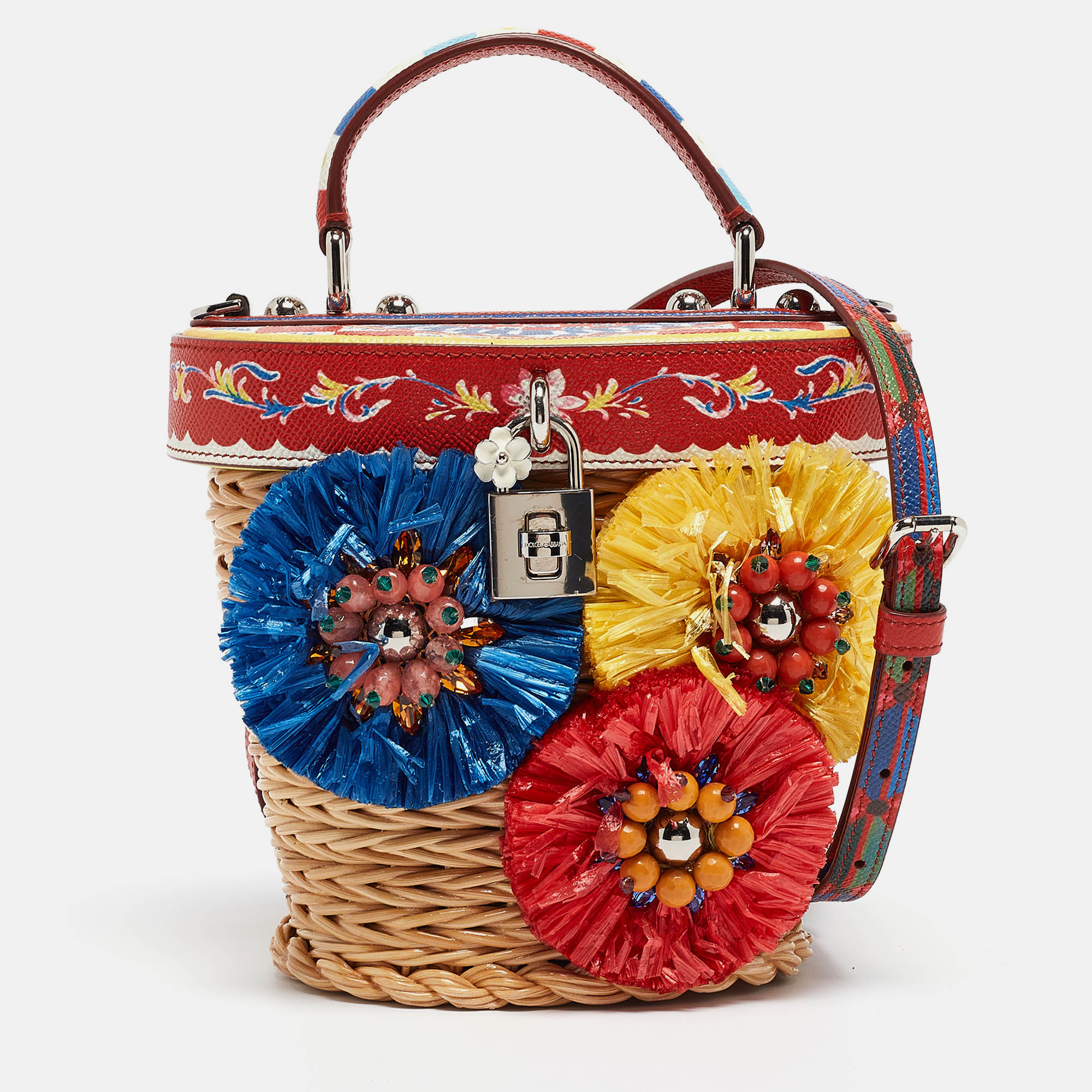 

Dolce & Gabbana Multicolor Printed Leather, Wicker and Raffia Embellished Top Handle Bag