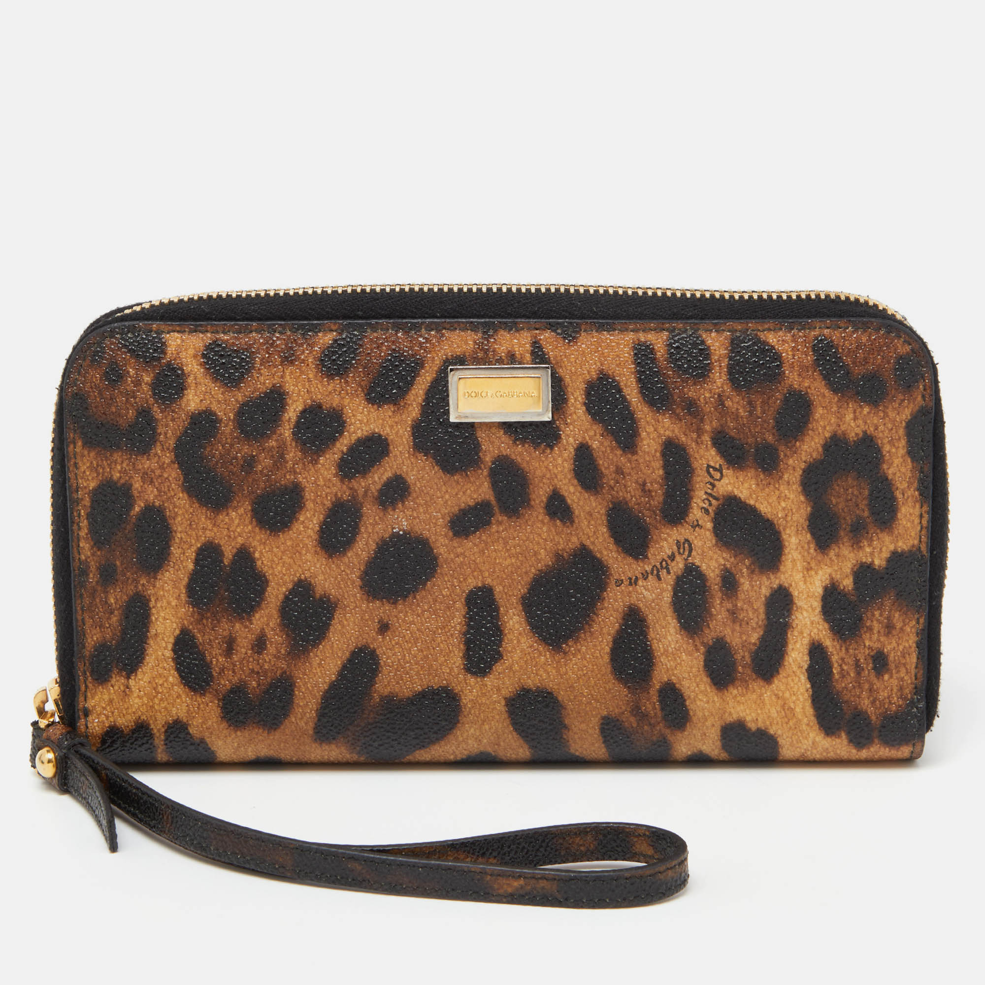 

Dolce & Gabbana Leopard Print Coated Canvas Zip Around Wristlet Wallet, Brown