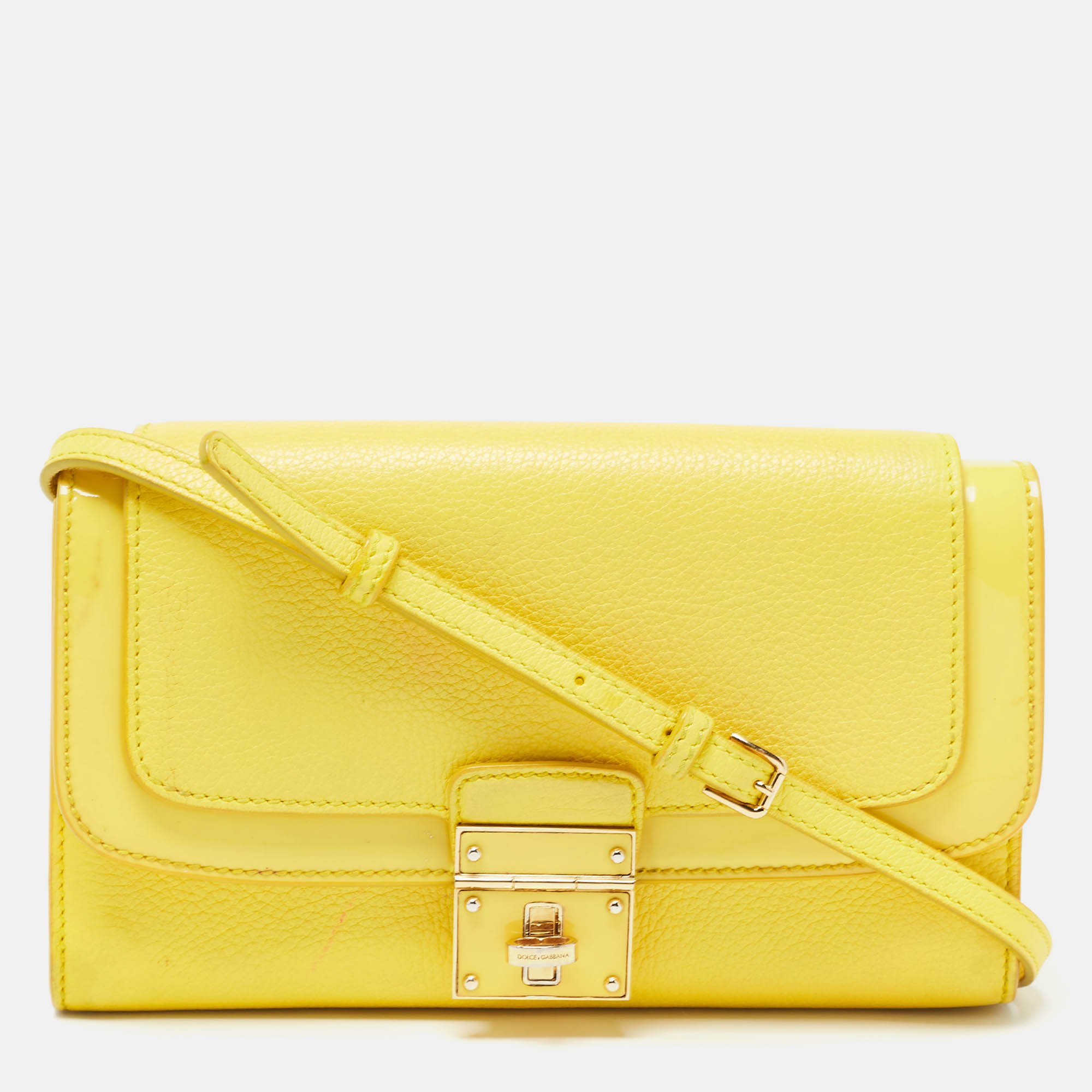 

Dolce & Gabbana Yellow Leather Turnlock Flap Shoulder Bag