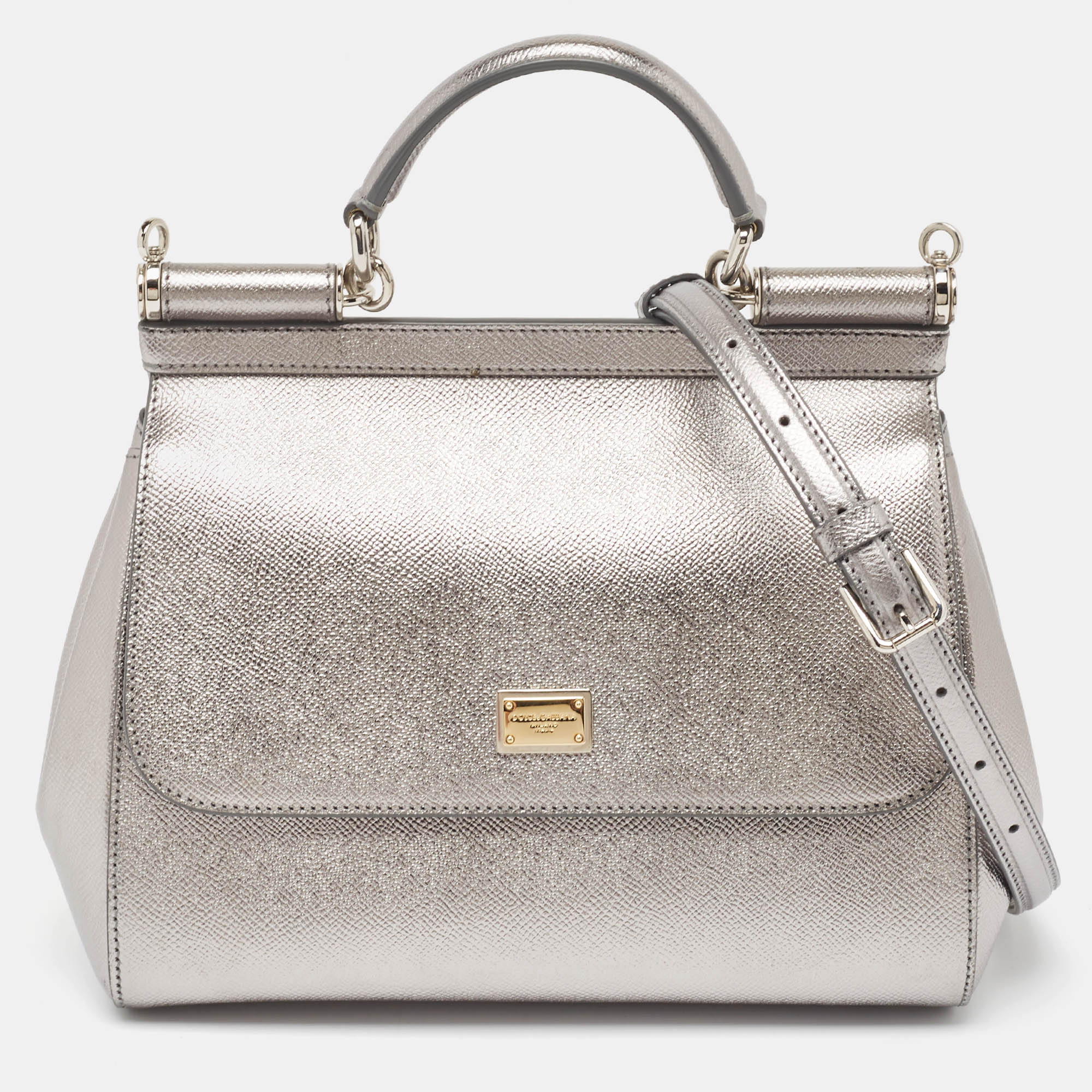 Pre-owned Dolce & Gabbana Metallic Grey Leather Medium Miss Sicily Top Handle Bag