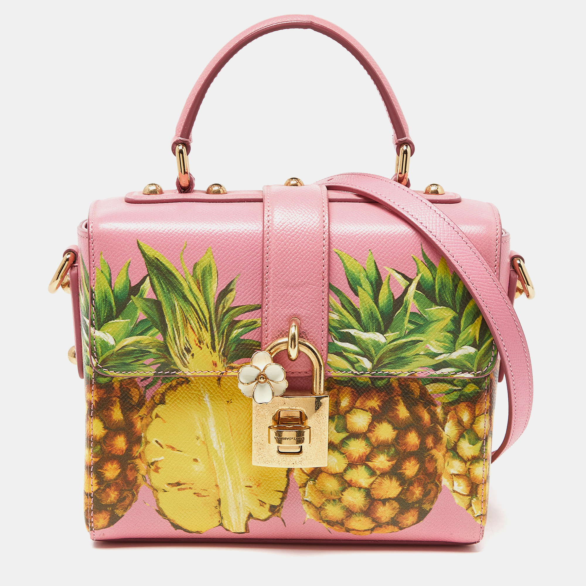 

Dolce & Gabbana Pink Pineapple Print Leather Box Top Handle Bag