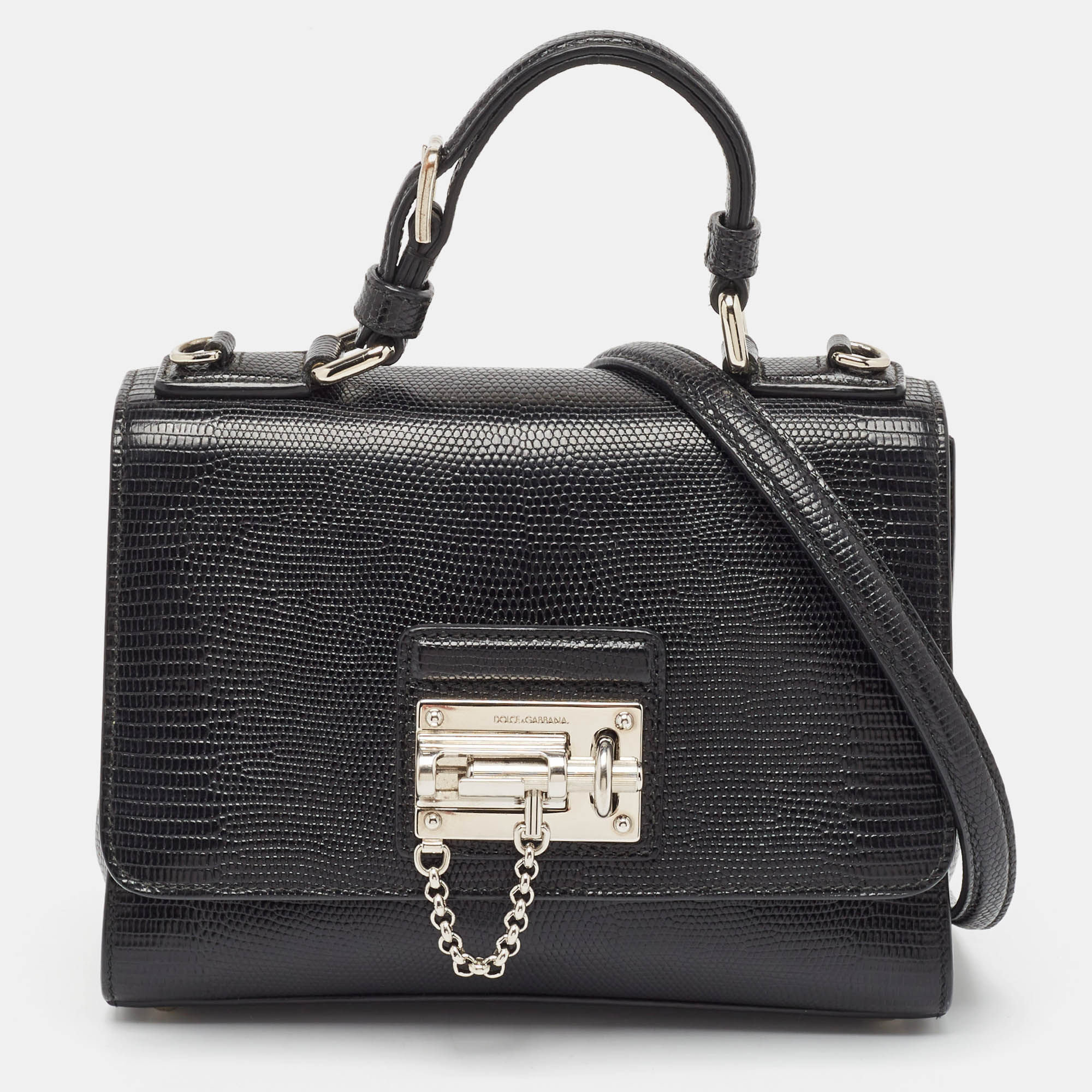 

Dolce & Gabbana Black Lizard Embossed Leather  Miss Monica Top Handle Bag