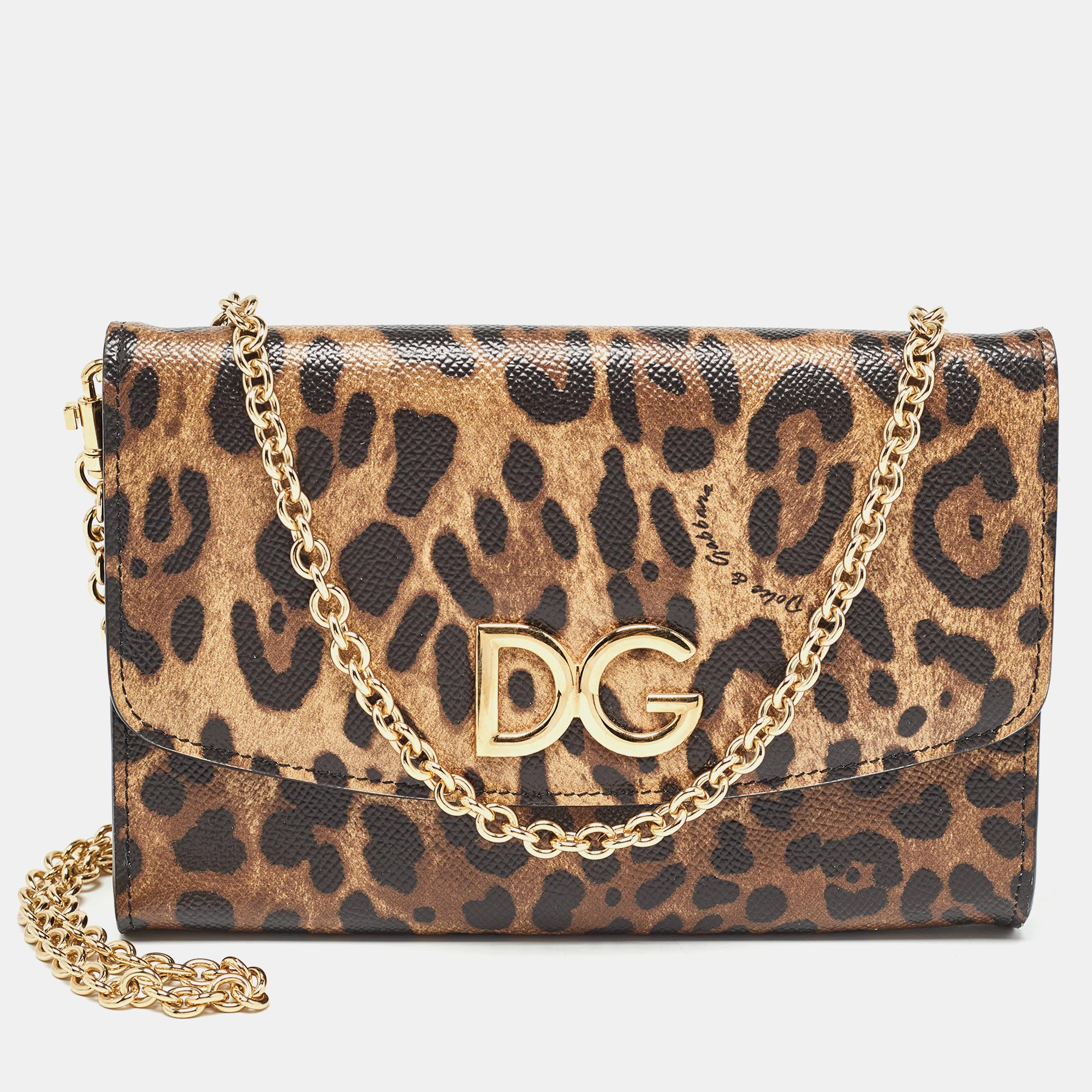

Dolce & Gabbana Brown Leopard Print Coated Canvas and Leather DG Flap Chain Clutch