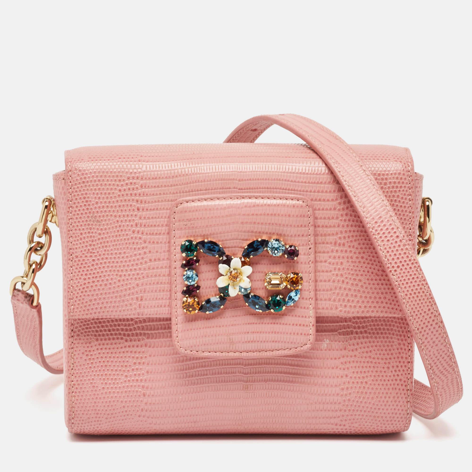 

Dolce & Gabbana Pink Lizard Embossed Leather Mini DG Millennials Crossbody Bag