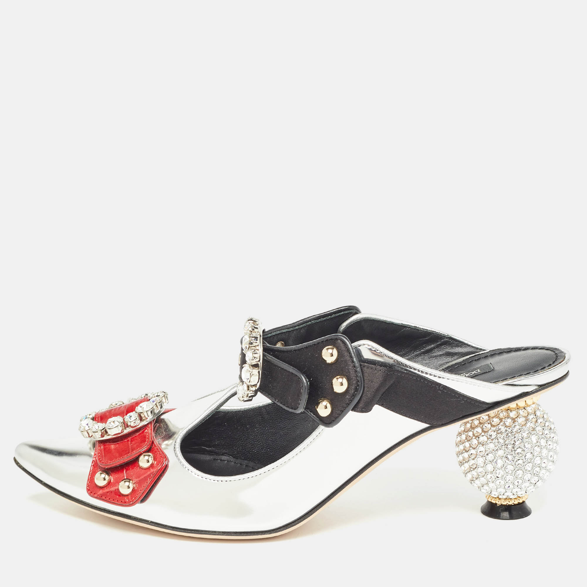 

Dolce & Gabbana Tricolor Leather Crystal Embellished Buckle Detail Ankle Strap Mules Size, Silver