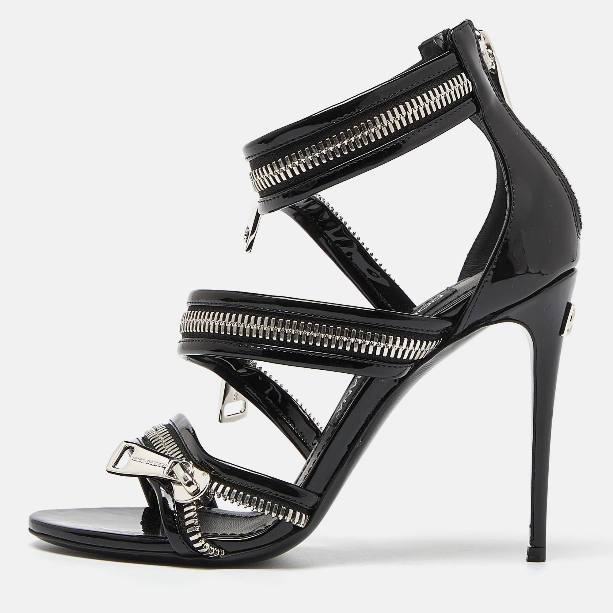 

Dolce & Gabbana Black Patent Leather Chain Detail Ankle Strap Sandals Size