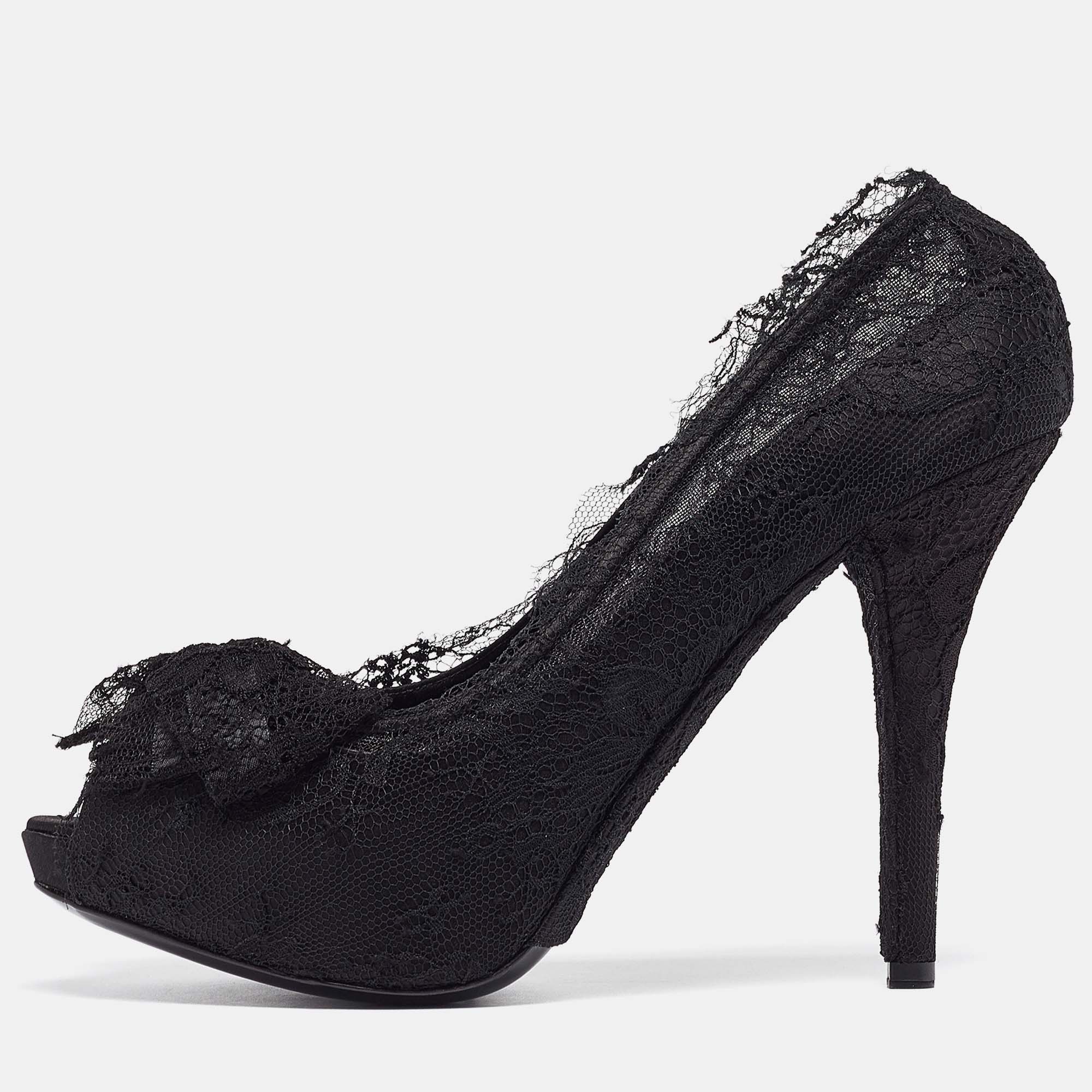 

Dolce & Gabbana Black Lace and Satin Bow Peep Toe Platform Pumps Size