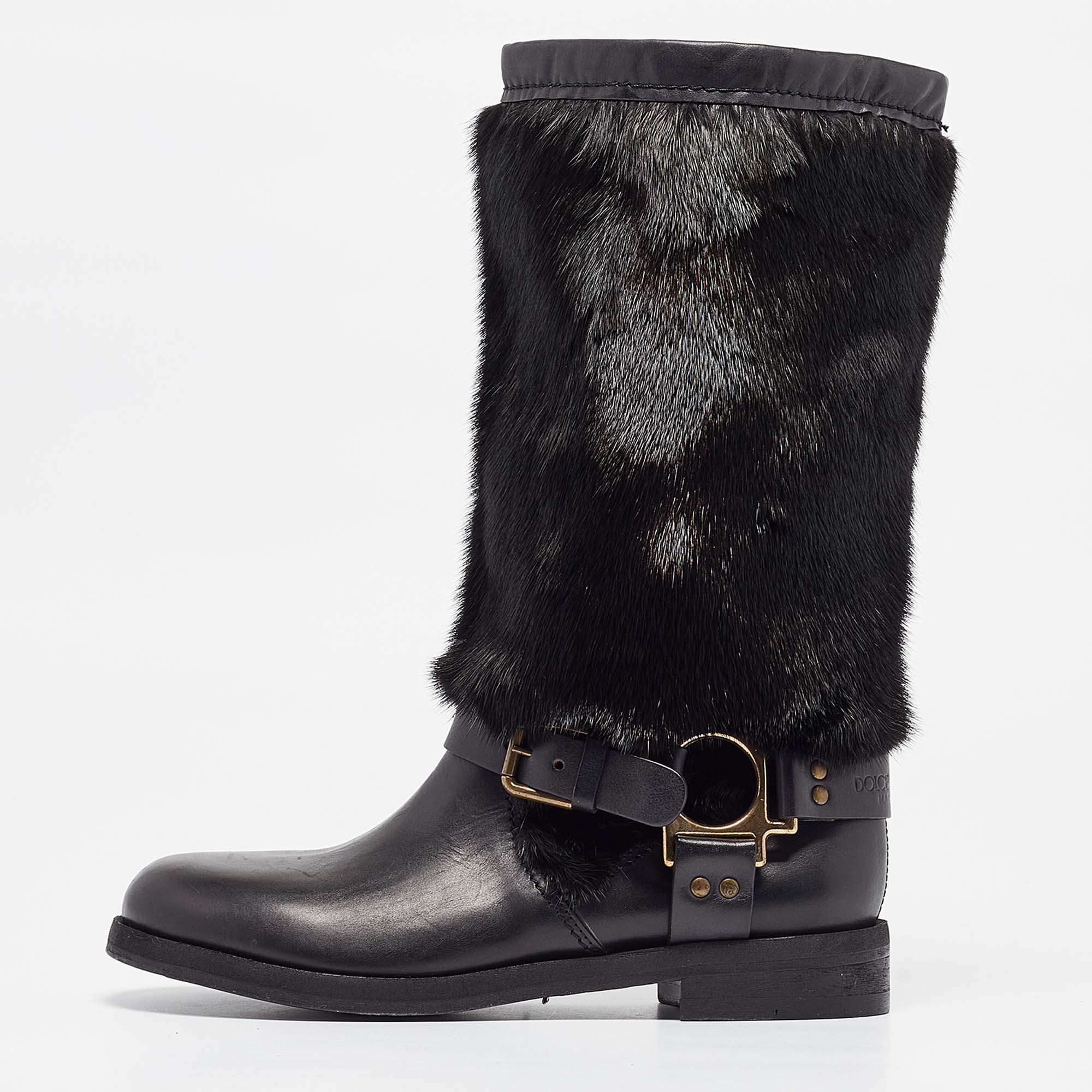 

Dolce & Gabbana Black Mink Fur and Leather Mid Calf Boots Size