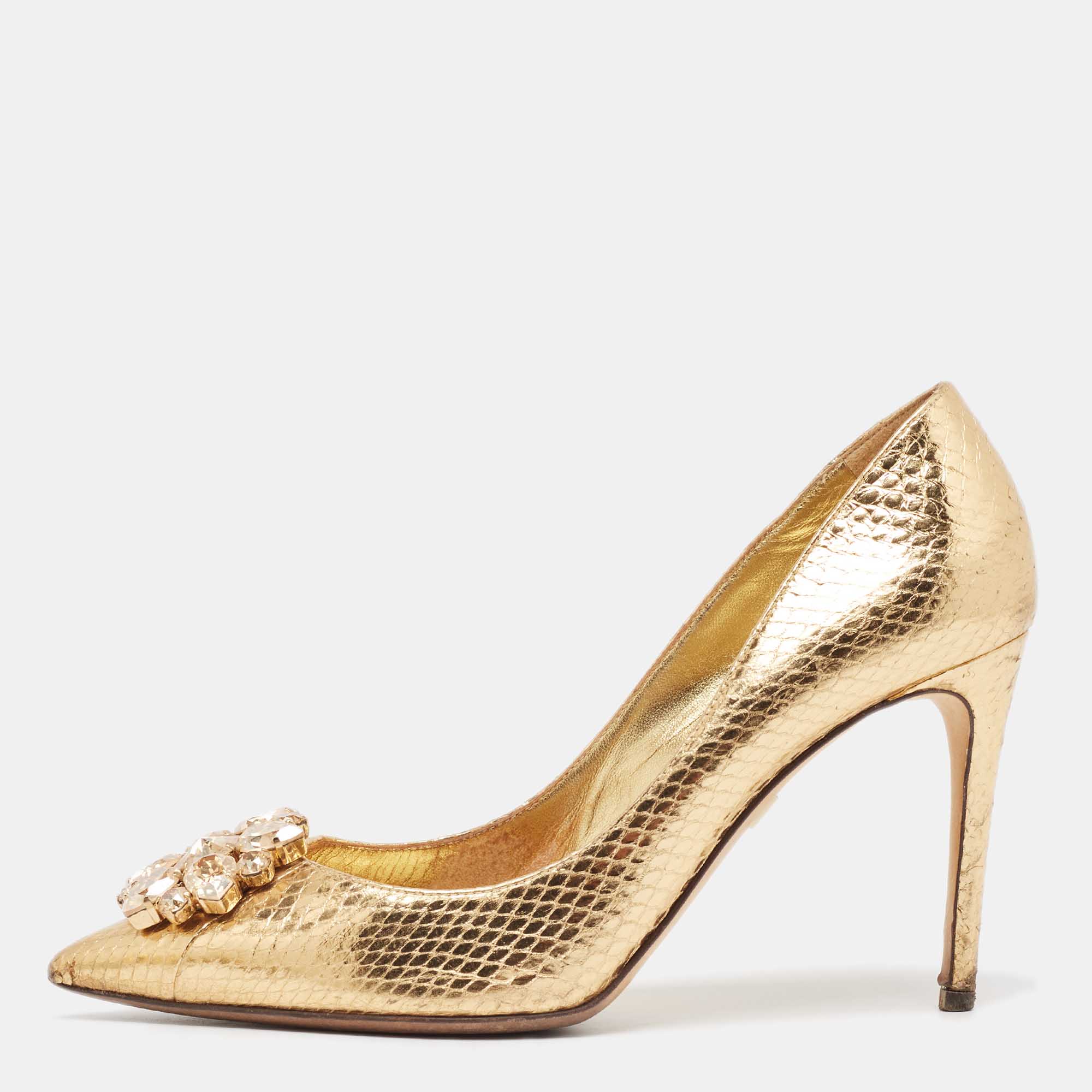 

Dolce & Gabbana Gold Embossed Snakeskin Bellucci Pumps Size