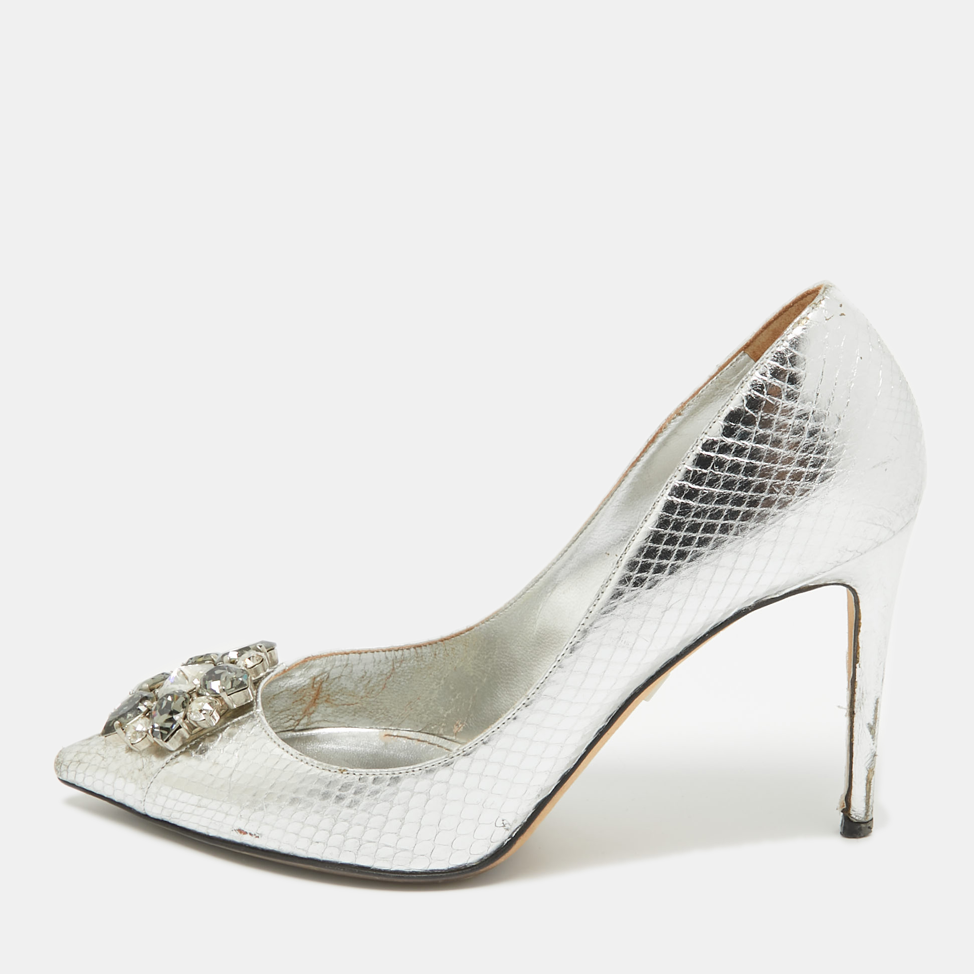 

Dolce & Gabbana Silver Embossed Snakeskin Bellucci Pumps Size