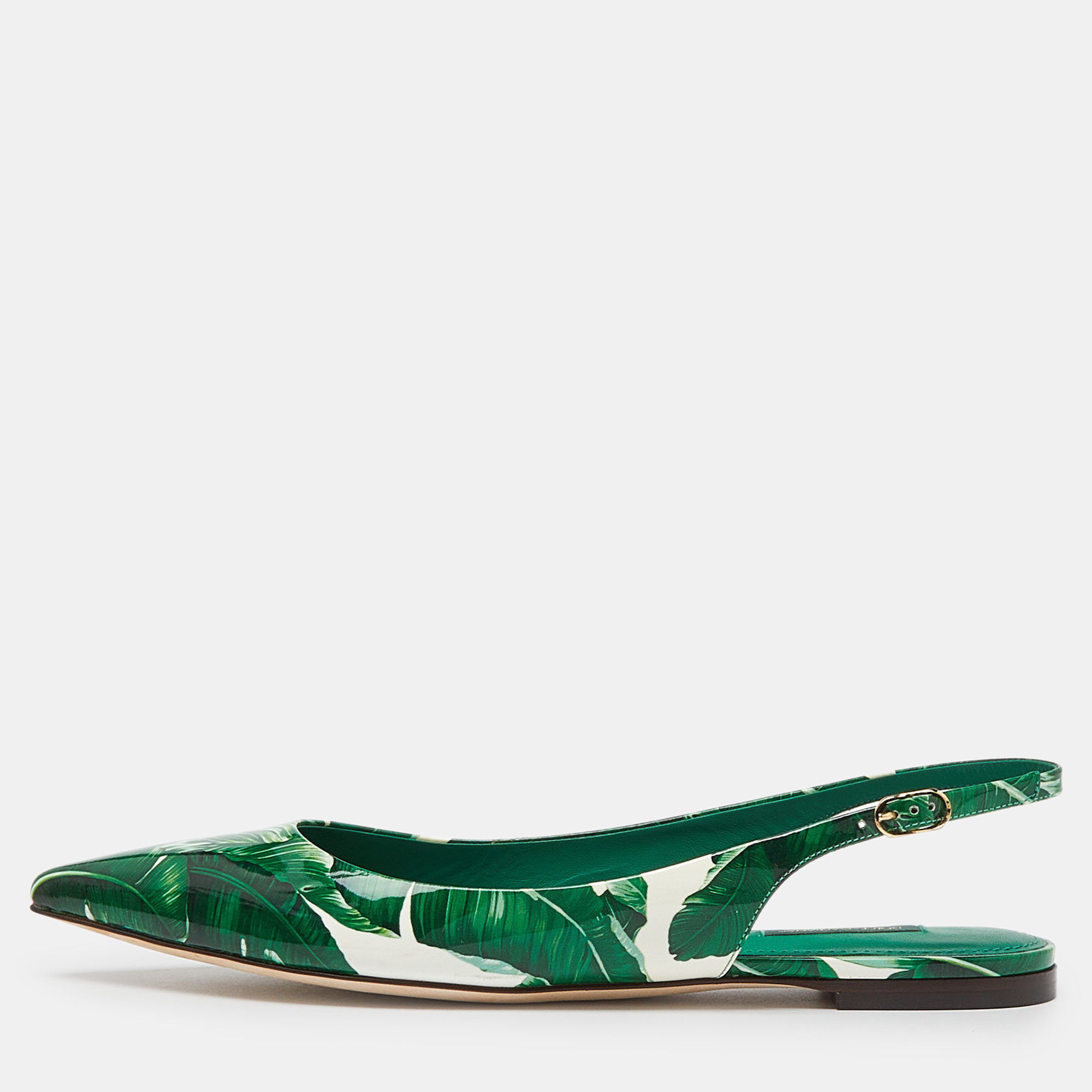 

Dolce & Gabbana Green/White Banana Leaf-Print Patent Leather Slingback Flats Size, Multicolor