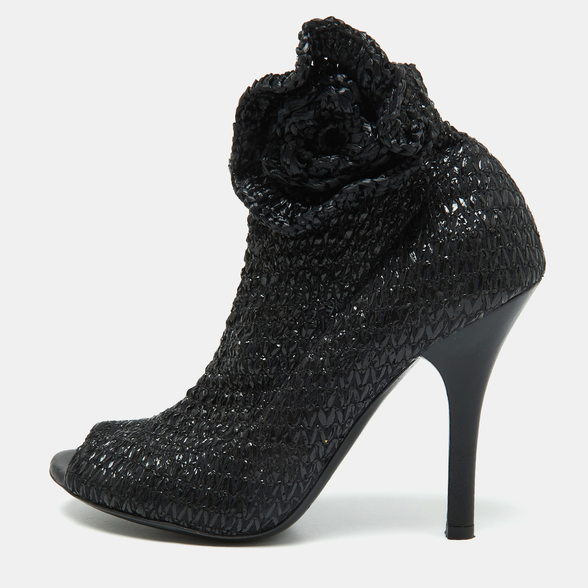 

Dolce & Gabbana Black Knit Fabric and Straw Peep Toe Booties Size