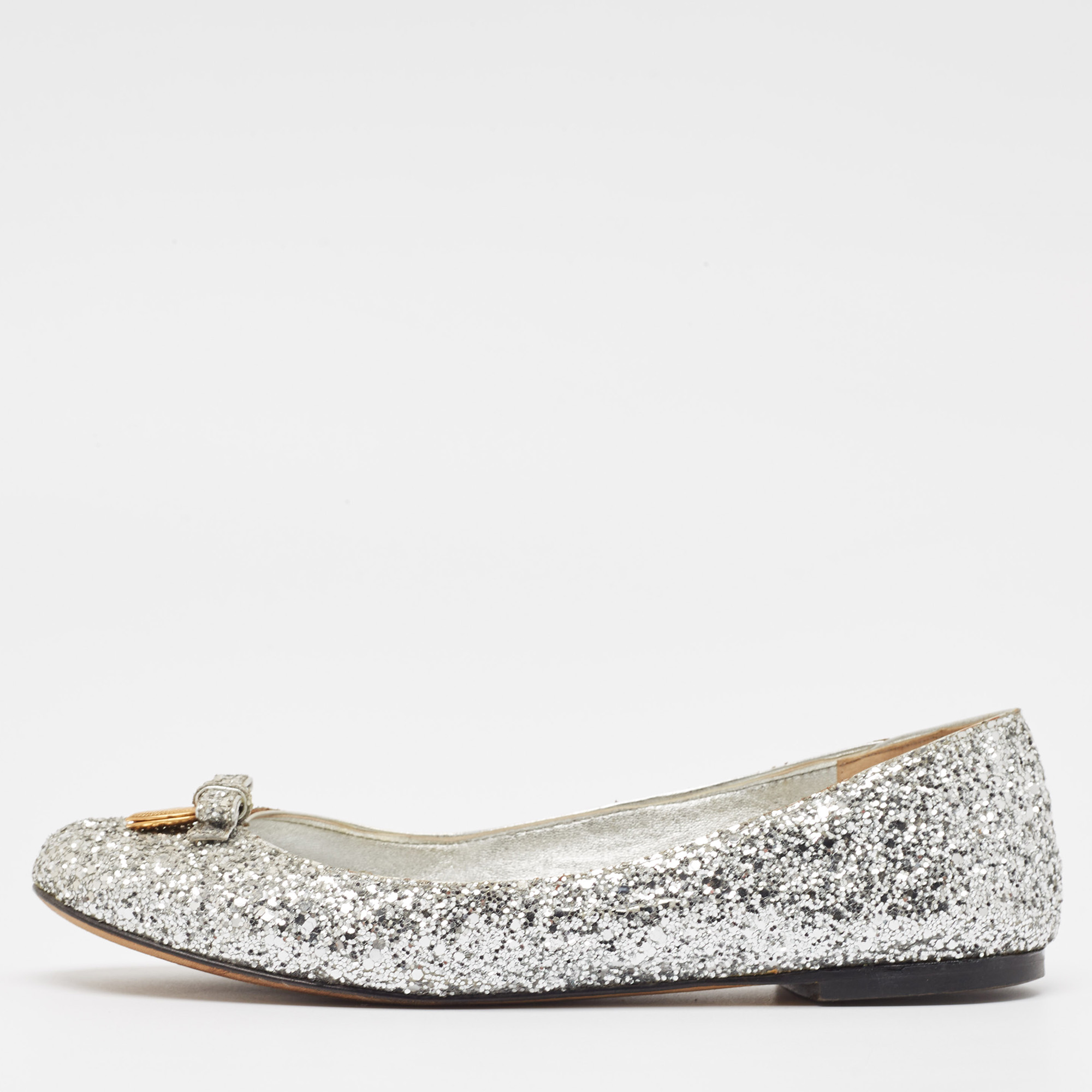 

Dolce & Gabbana Silver Glitter Bow Ballet Flats Size