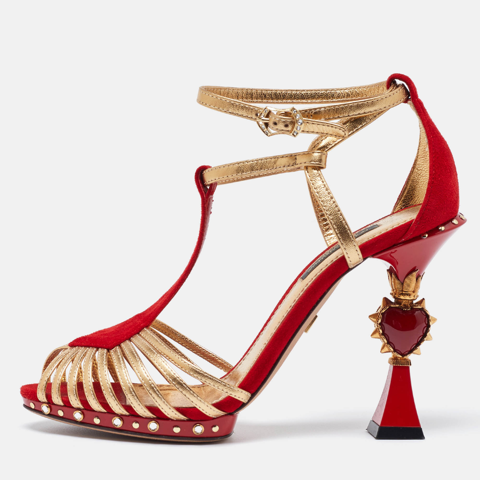 

Dolce & Gabbana Red/Gold Leather and Suede Sculpted Ankle Strap Sandals Size