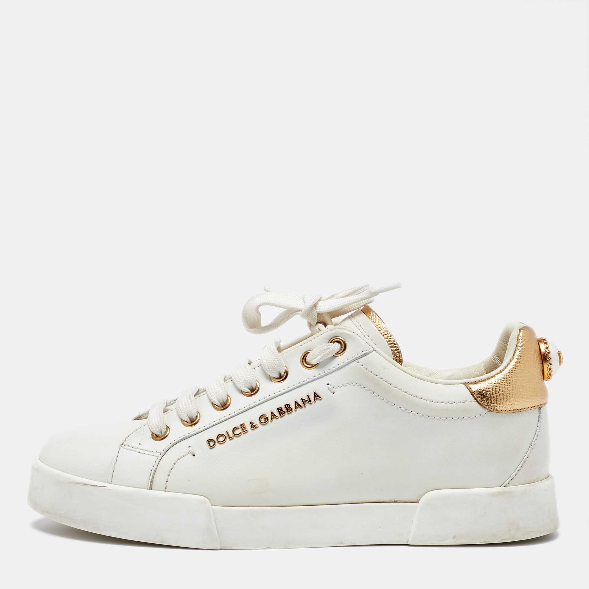 

Dolce & Gabbana White/Gold Leather Portofino Sneakers Size