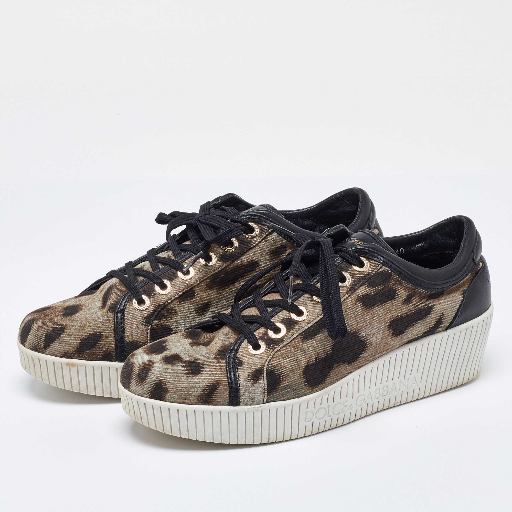 Dolce & Gabbana Black/Brown Leopard Print Canvas and Leather Sneakers Size 40 