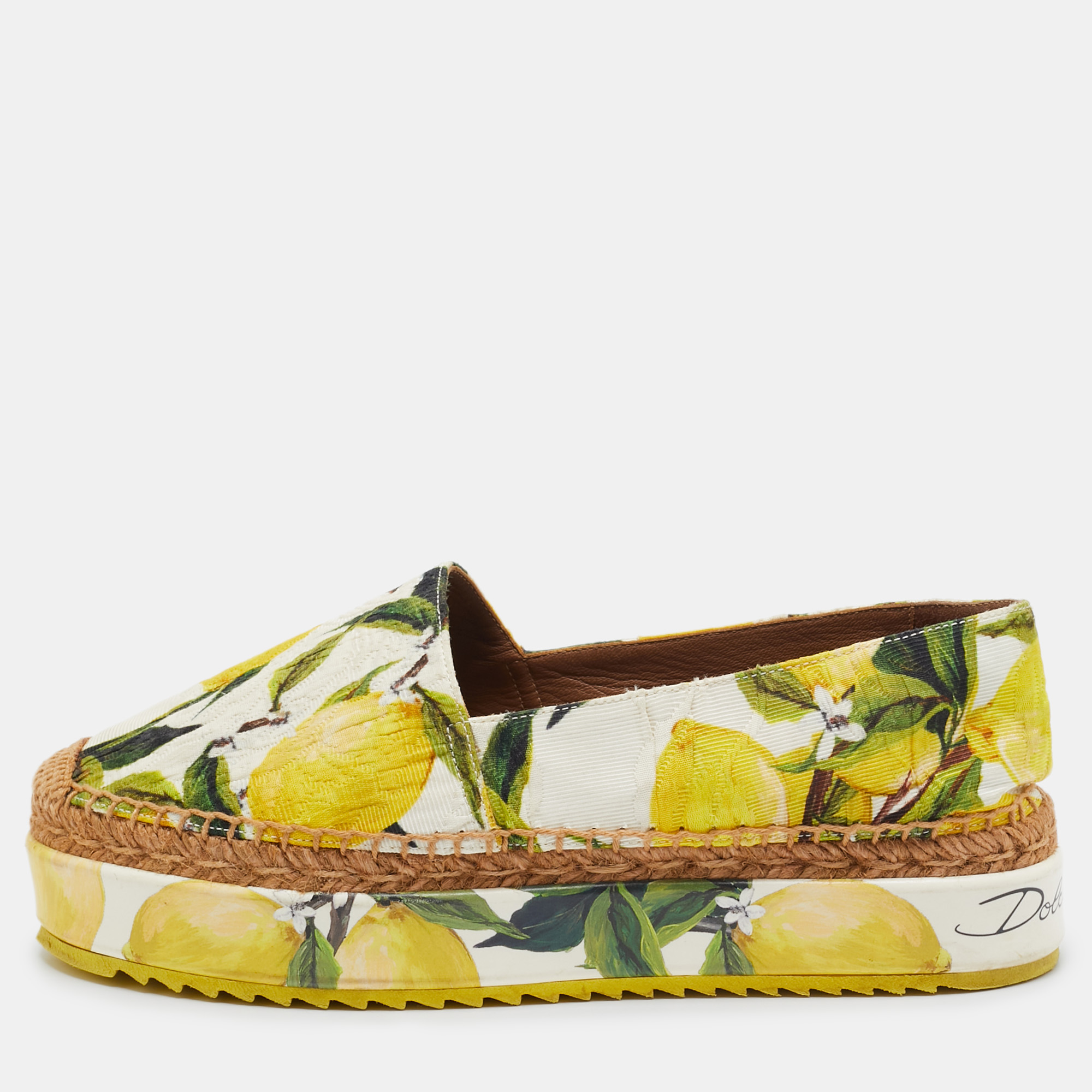 

Dolce & Gabbana Yellow Lemon Print Brocade Fabric Platform Espadrille Flats Size