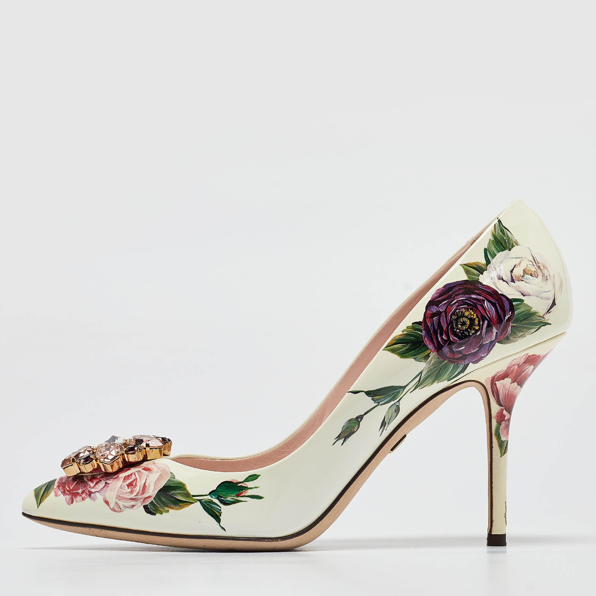 

Dolce & Gabbana White Floral Print Leather Crystal Embellished Pumps Size, Cream