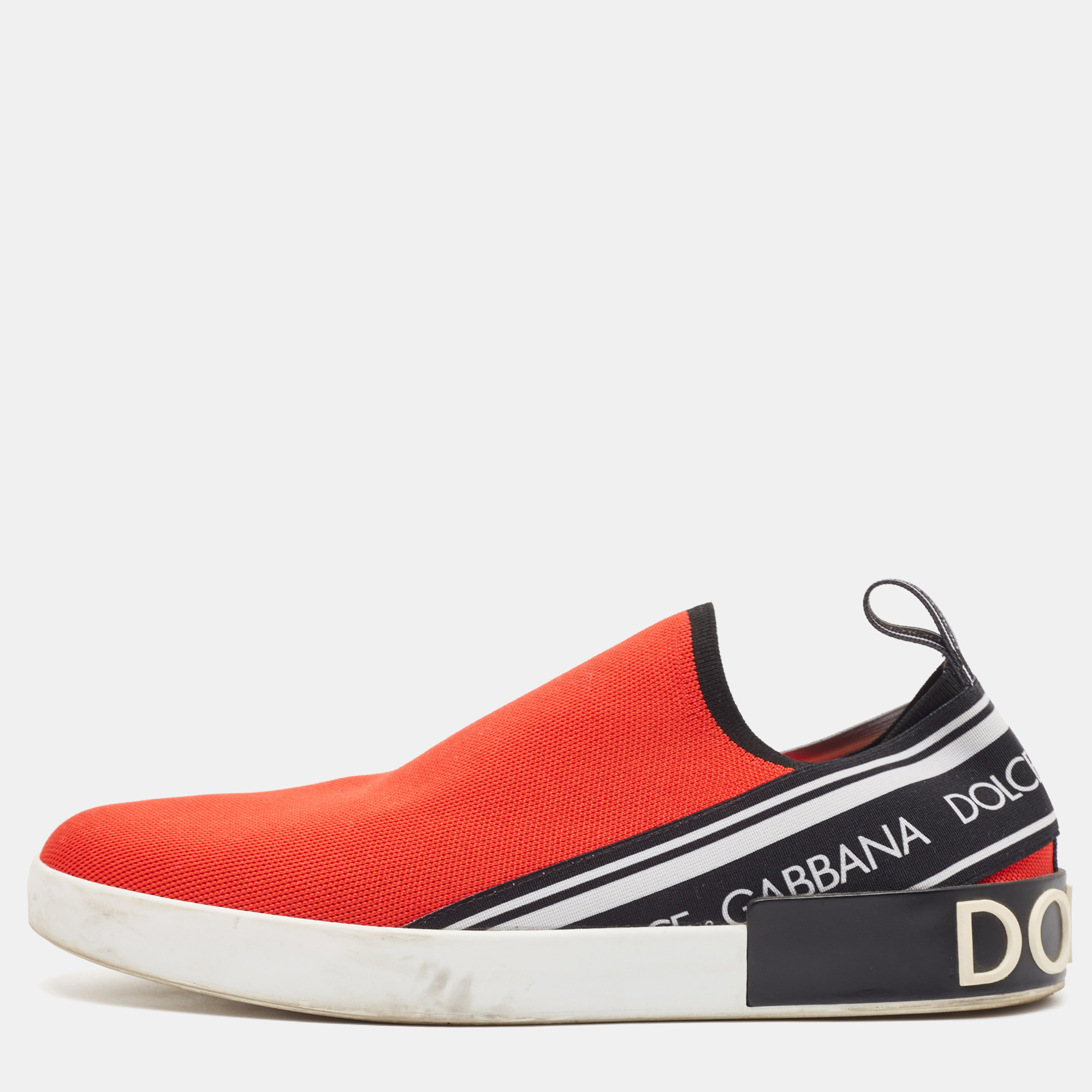 

Dolce & Gabbana Red/Black Knit Fabric Portofino Slip On Sneakers Size