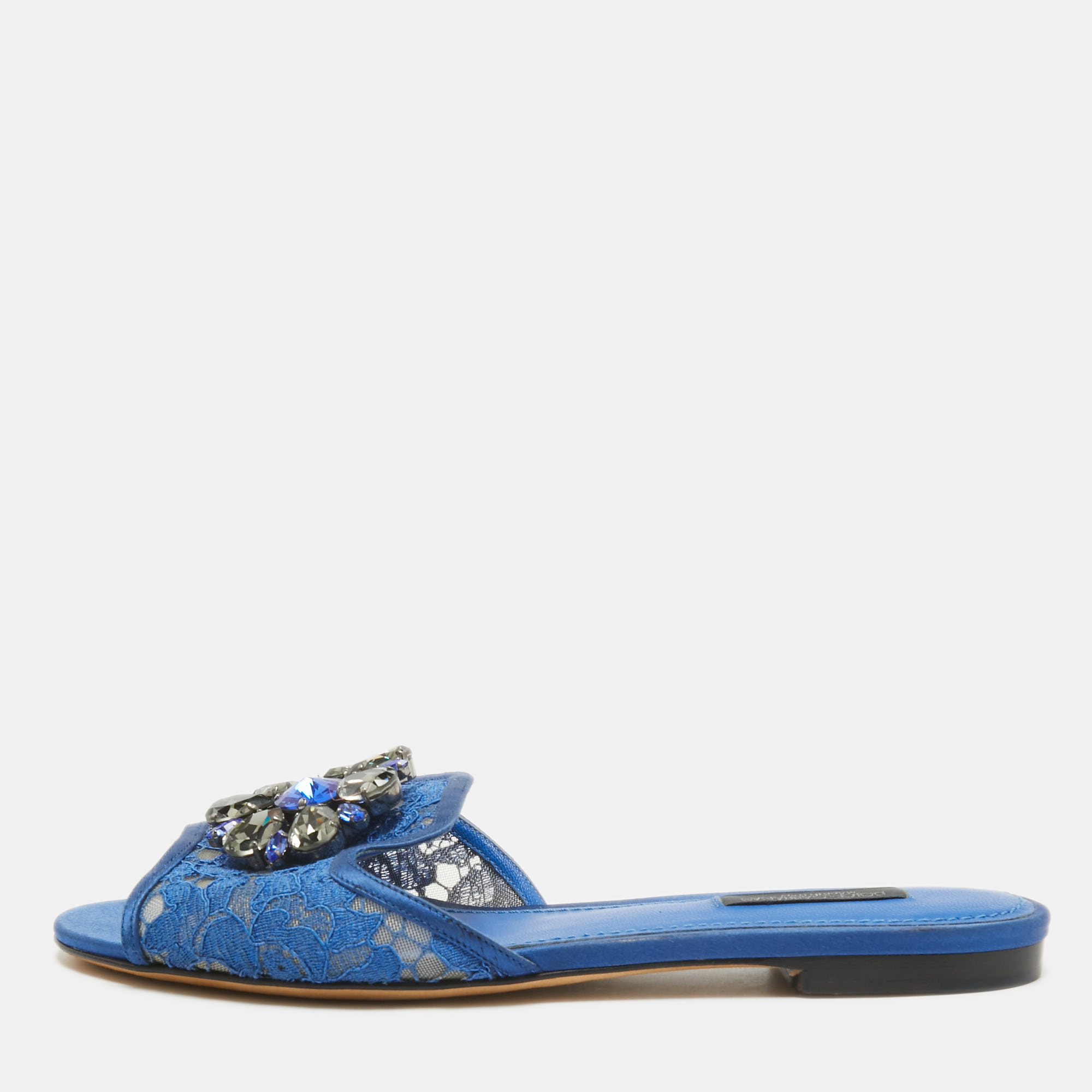 

Dolce & Gabbana Blue Lace Sofia Crystal Embellished Slide Flats Size