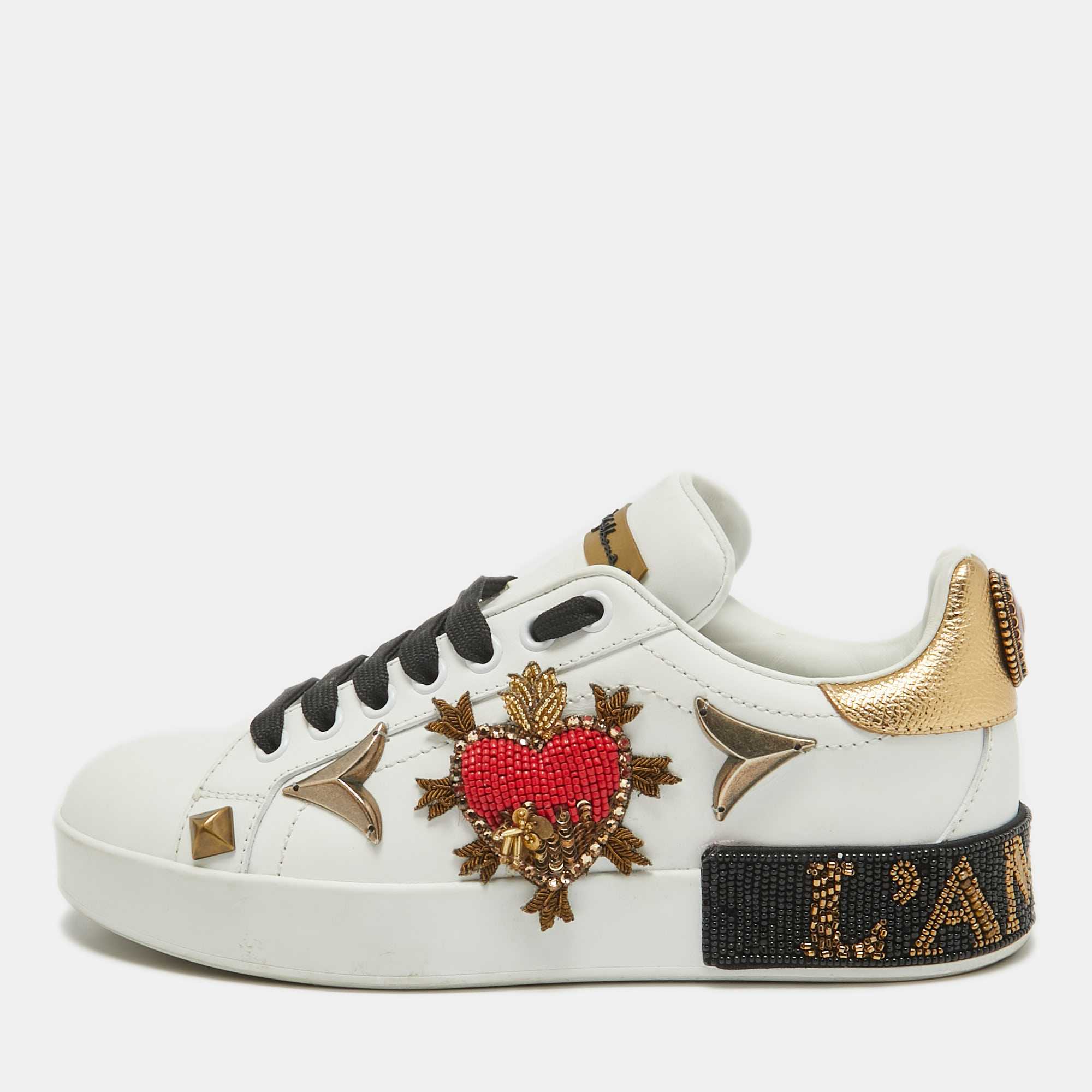 Pre-owned Dolce & Gabbana White Leather Portofino Embellished Low Top Sneakers Size 35