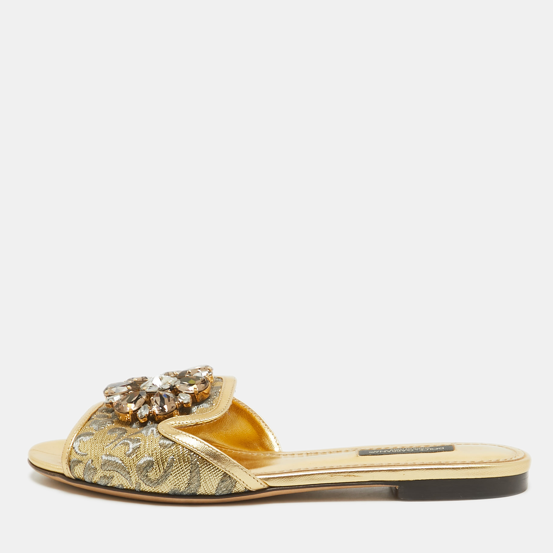 

Dolce & Gabbana Gold Brocade Fabric and Leather Crystal Embellished Flat Slides Size