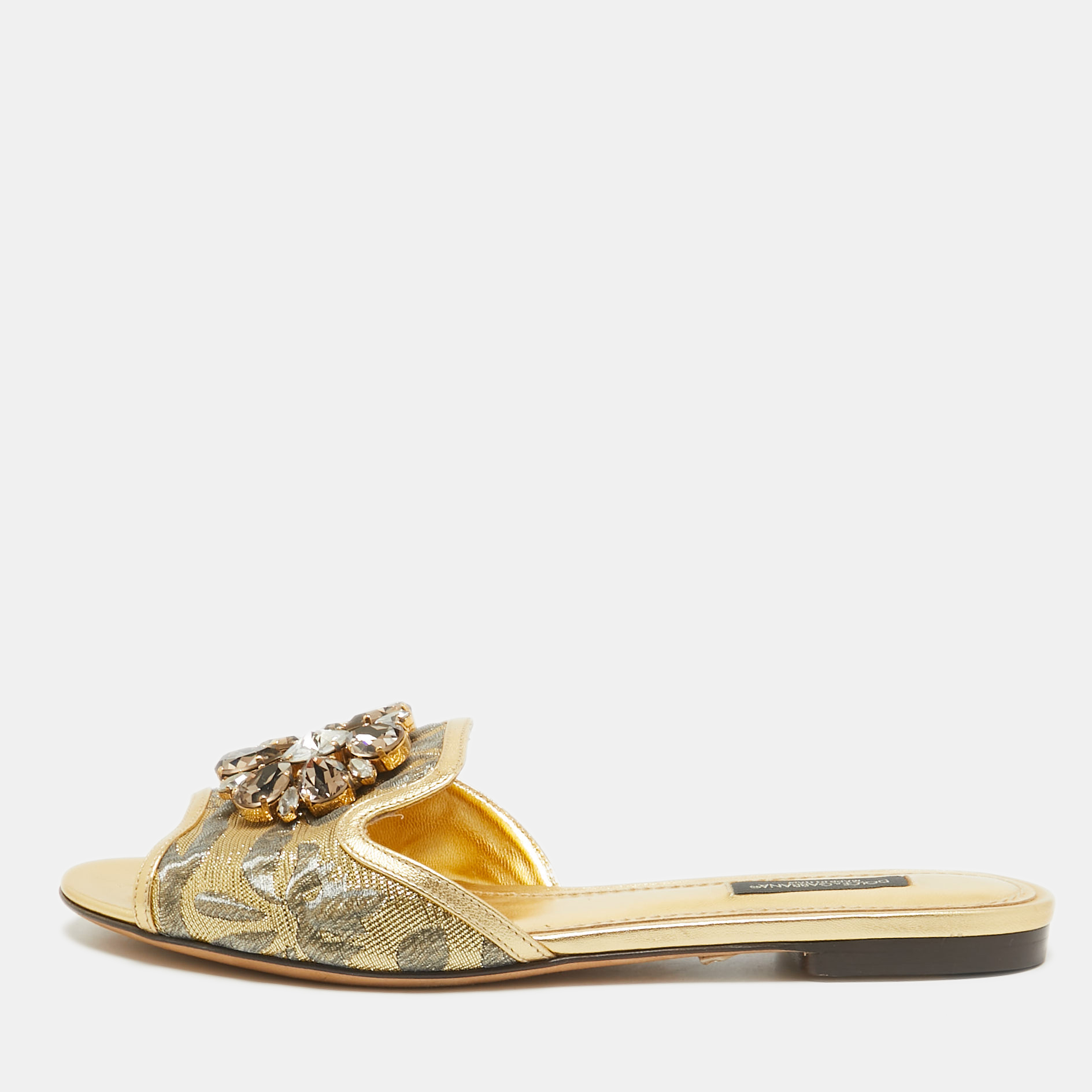 

Dolce & Gabbana Gold Brocade Fabric Sofia Crystal Embellished Slides Size