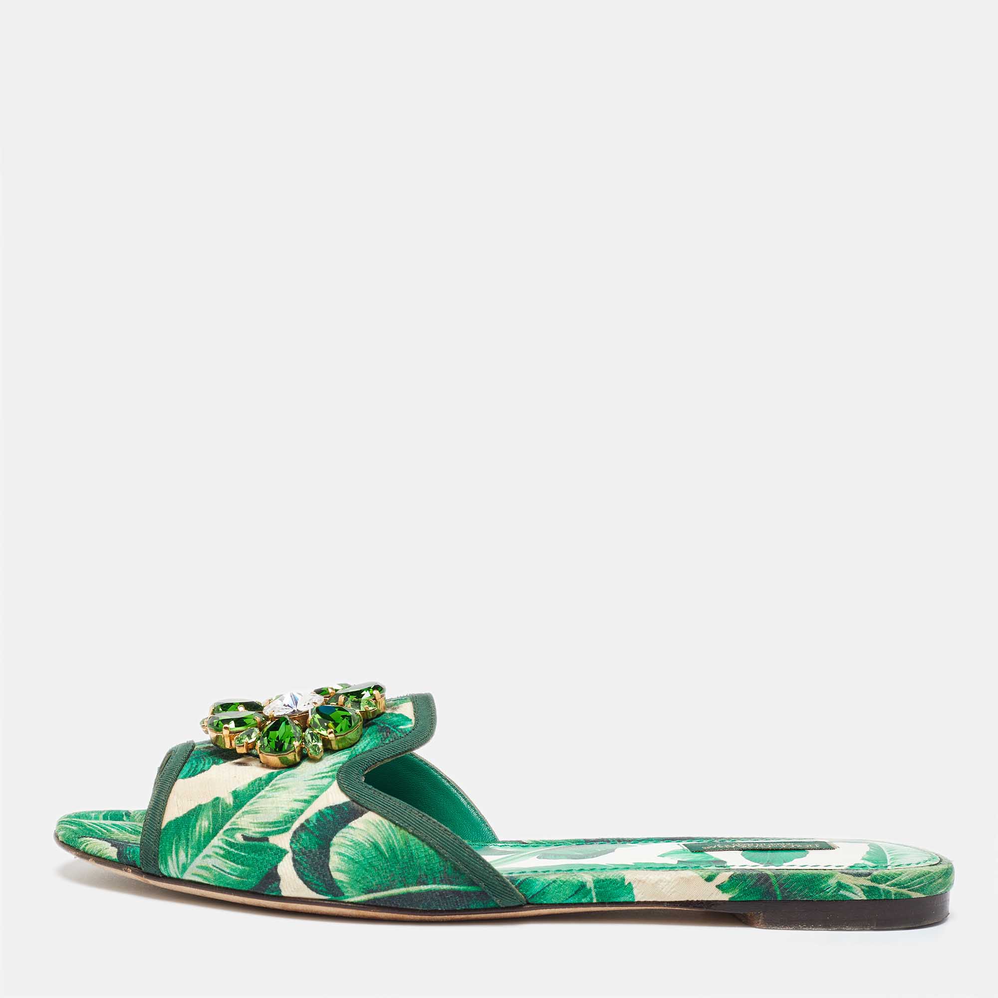 

Dolce & Gabbana Green/White Floral Print Fabric Bianca Flat Slides Size