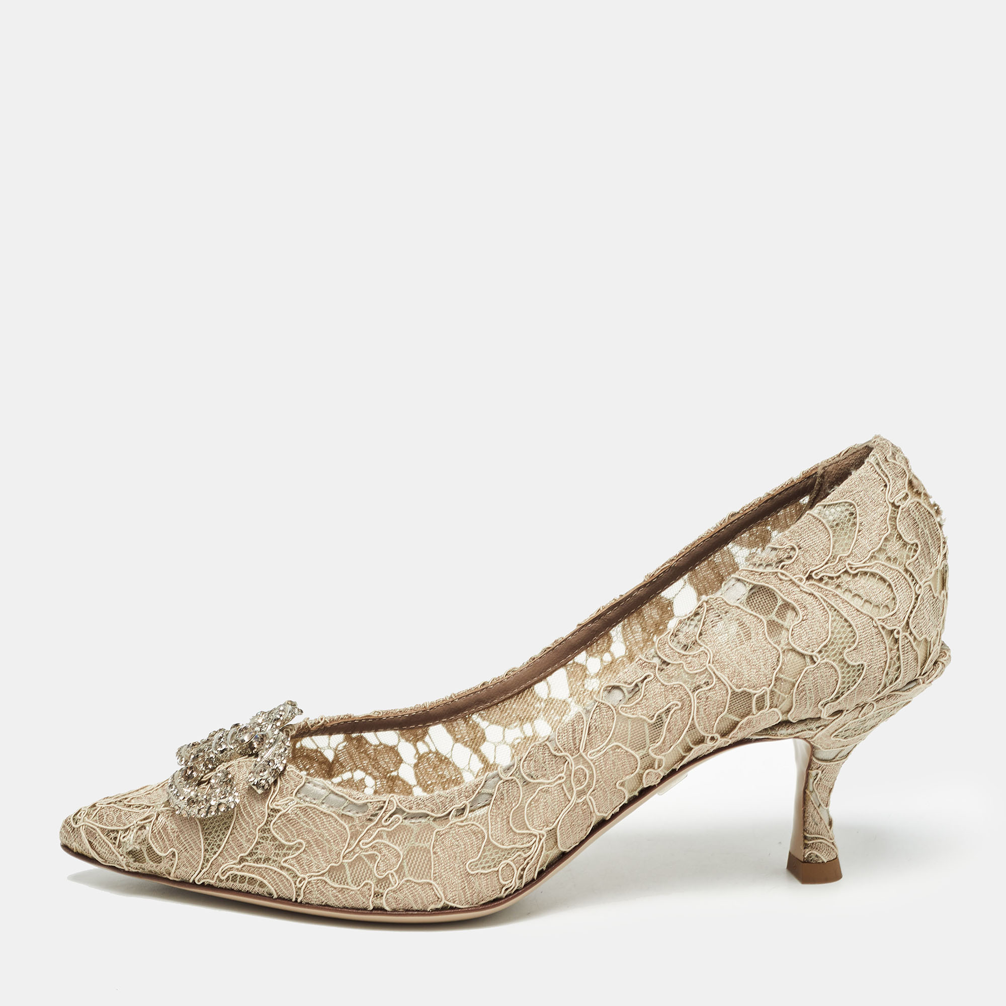 

Dolce & Gabbana Beige Lace DG Amore Crystal Embellished Pointed Toe Pumps Size