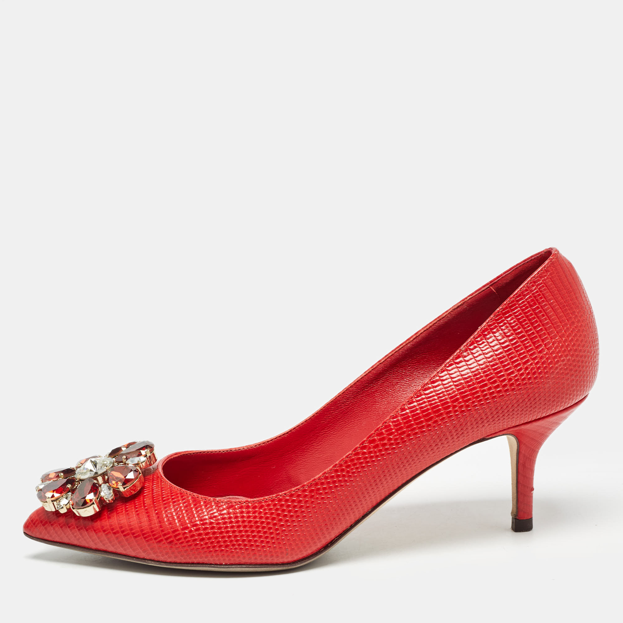 

Dolce & Gabbana Red Lizard Embossed Leather Crystal Embellished Pumps Size