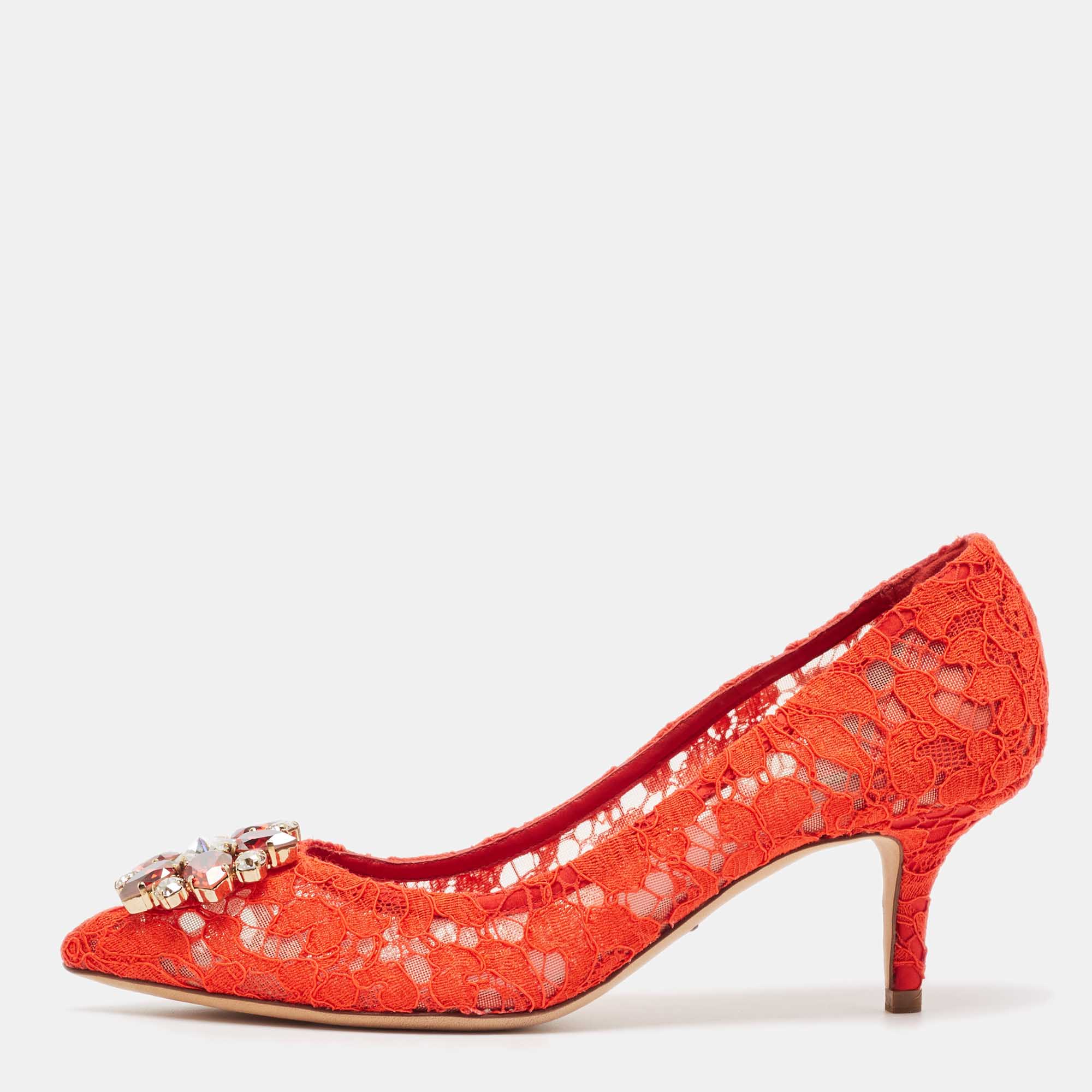 Pre-owned Dolce & Gabbana Red Lace Crystal Embellished Bellucci Pumps Size 38