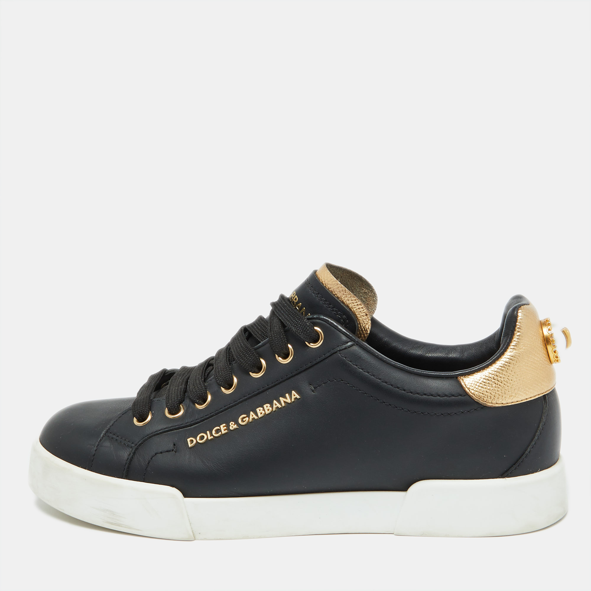 

Dolce & Gabbana Black Leather Portofino Pearl Embellished Low Top Sneakers Size