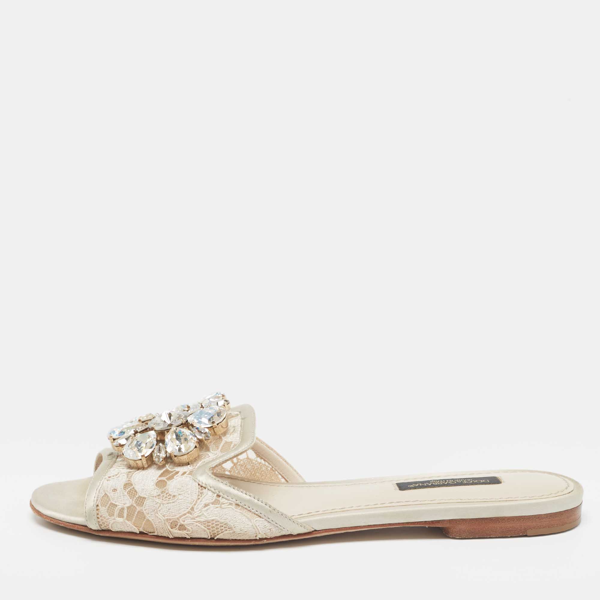 

Dolce & Gabbana Light Grey Lace Bianca Flat Slides Size