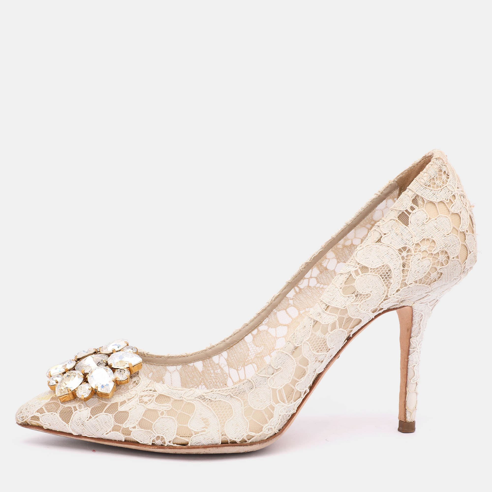 

Dolce & Gabbana Off White Lace Bellucci Embellished Pointed Toe Pumps Size