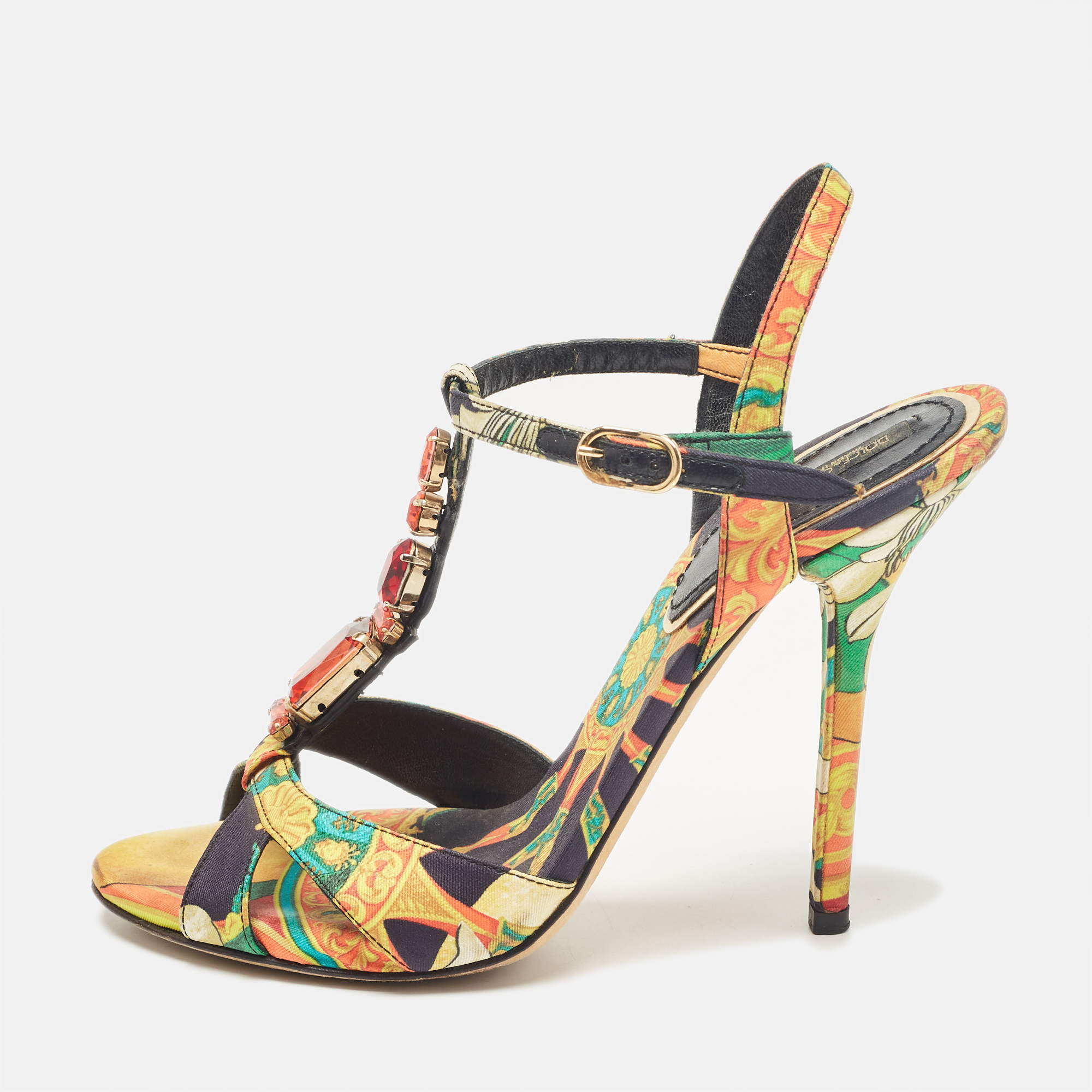 

Dolce & Gabbana Multicolor Canvas Crystal Embellished Ankle Strap Sandals Size