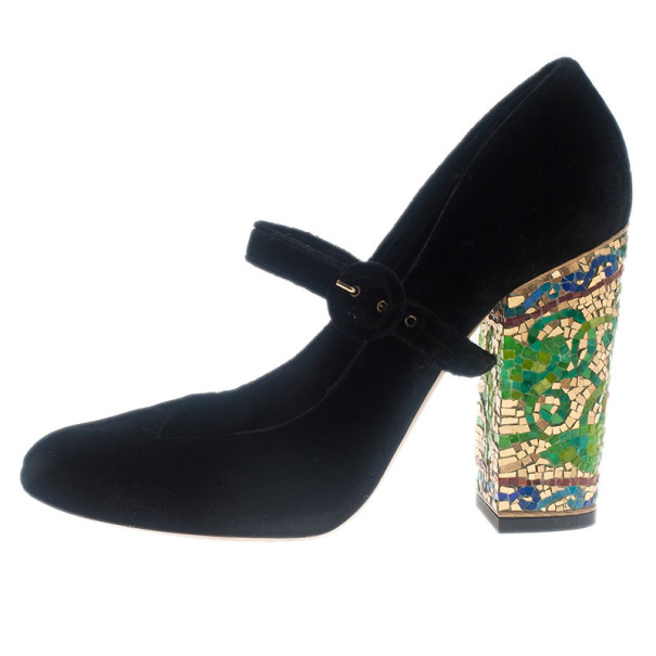 

Dolce & Gabbana Black Velvet Embellished Heel Mary Jane Pumps Size