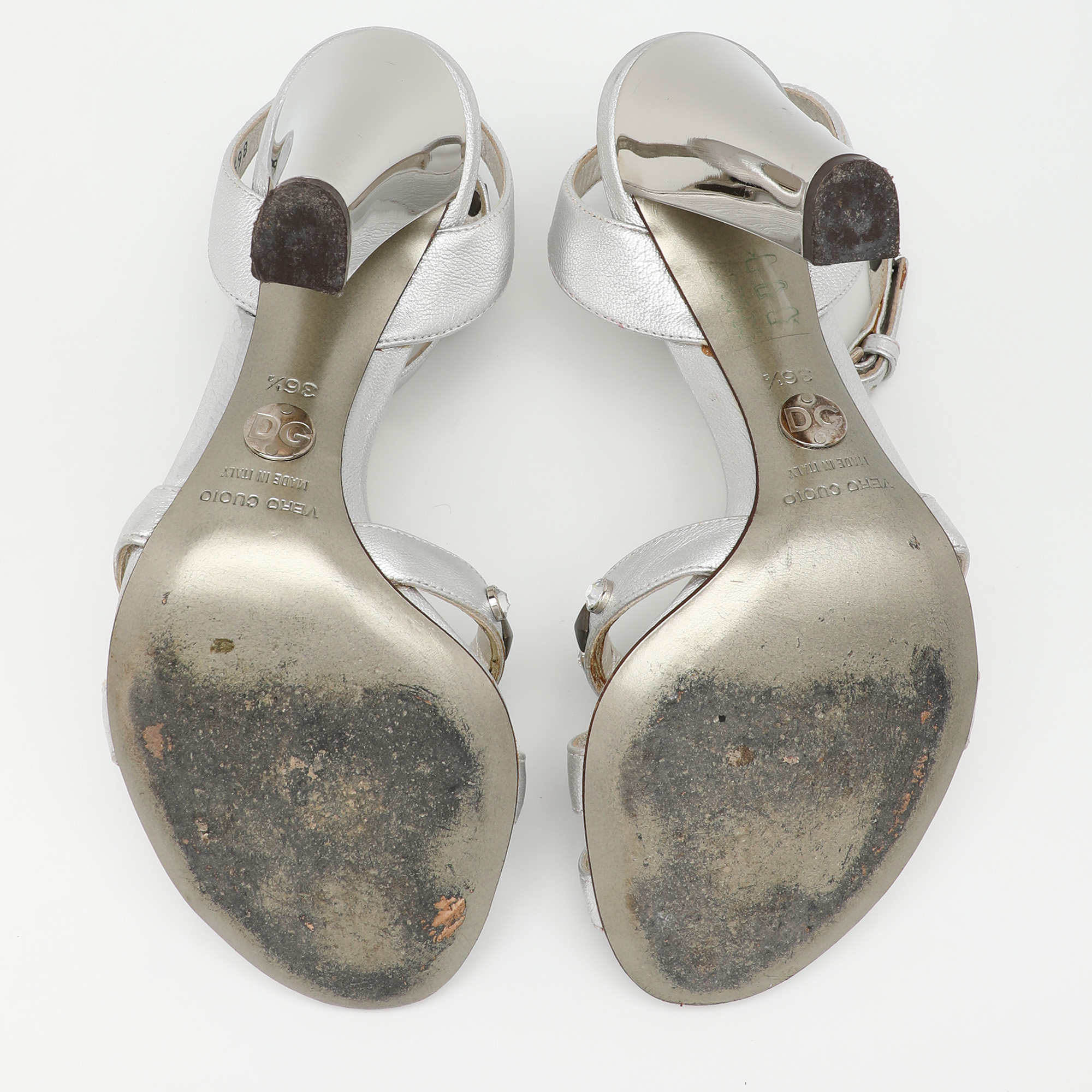 Dolce & Gabbana Silver Leather Embellished Ankle Strap Sandals Size 36.5 