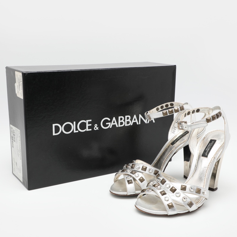 Dolce & Gabbana Silver Leather Embellished Ankle Strap Sandals Size 36.5 