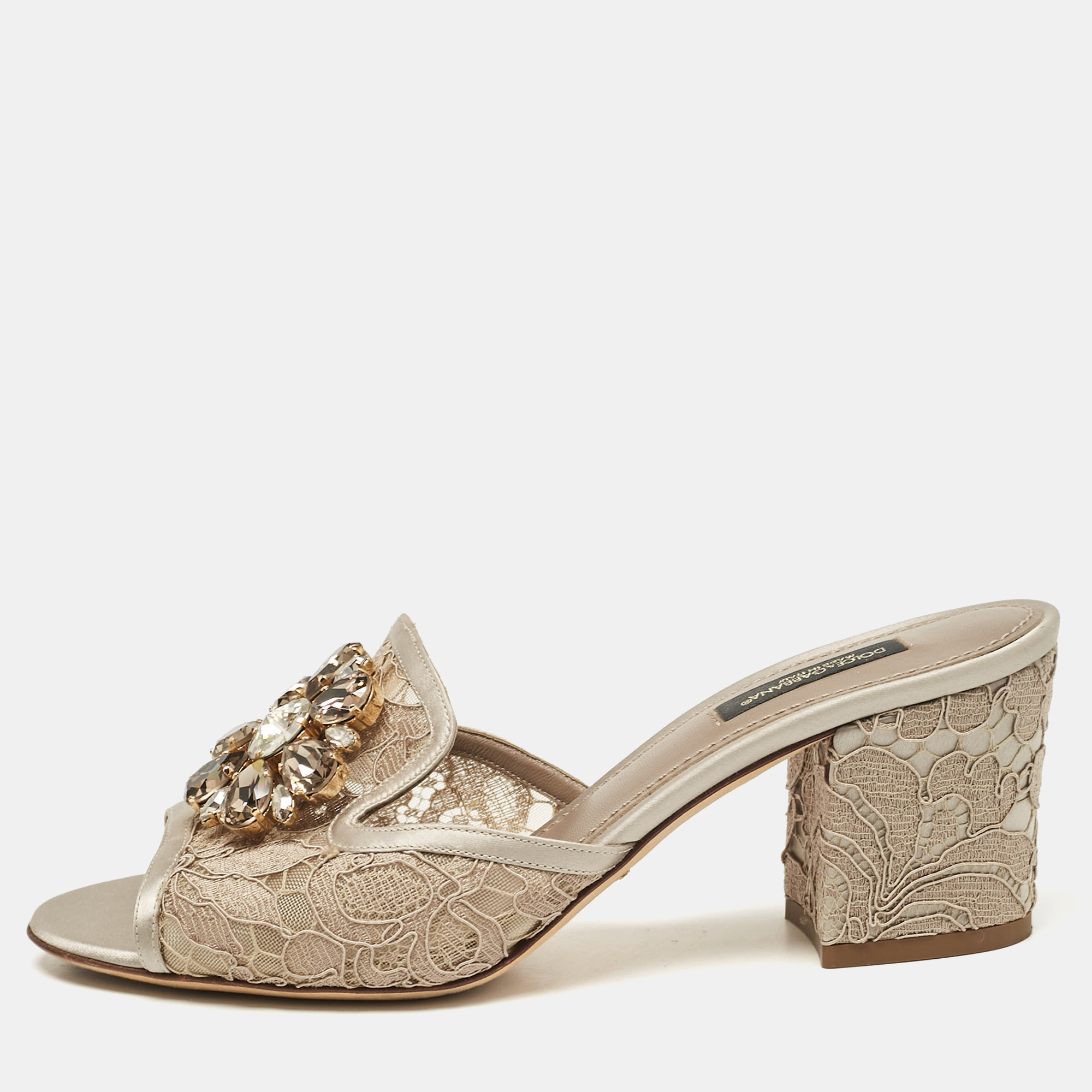 

Dolce & Gabbana Beige/Silver Satin Sofia Slide Sandals Size