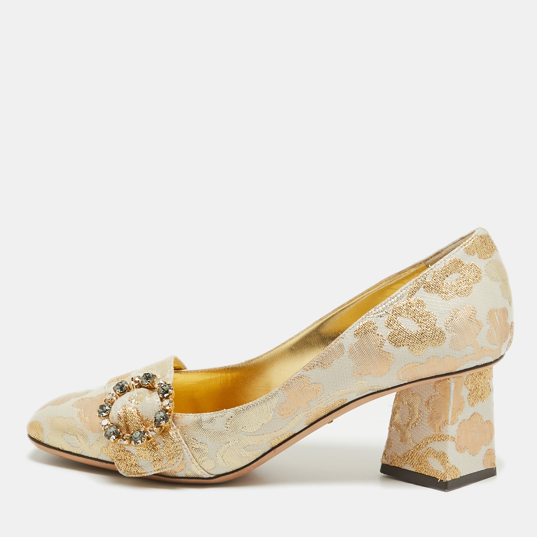 

Dolce & Gabbana Gold Brocade Fabric Embellished Buckle Block Heel Pumps Size